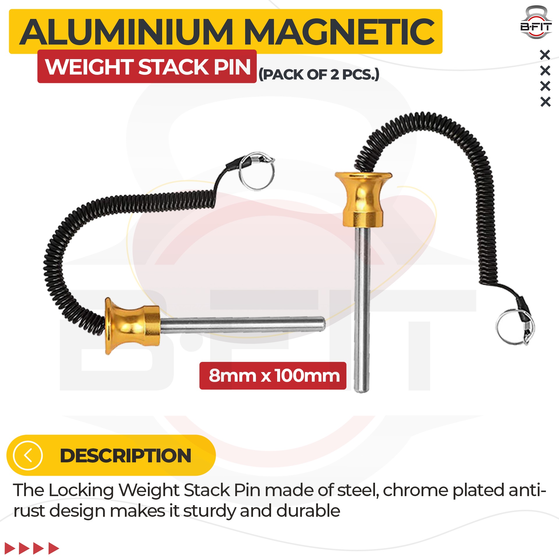 B FIT Pack of 2 Pin Tensile - Magnetic Universal Weight Stack Replacement SELECTOR Key - Size Dia 8 MM 100 MM Locking Space