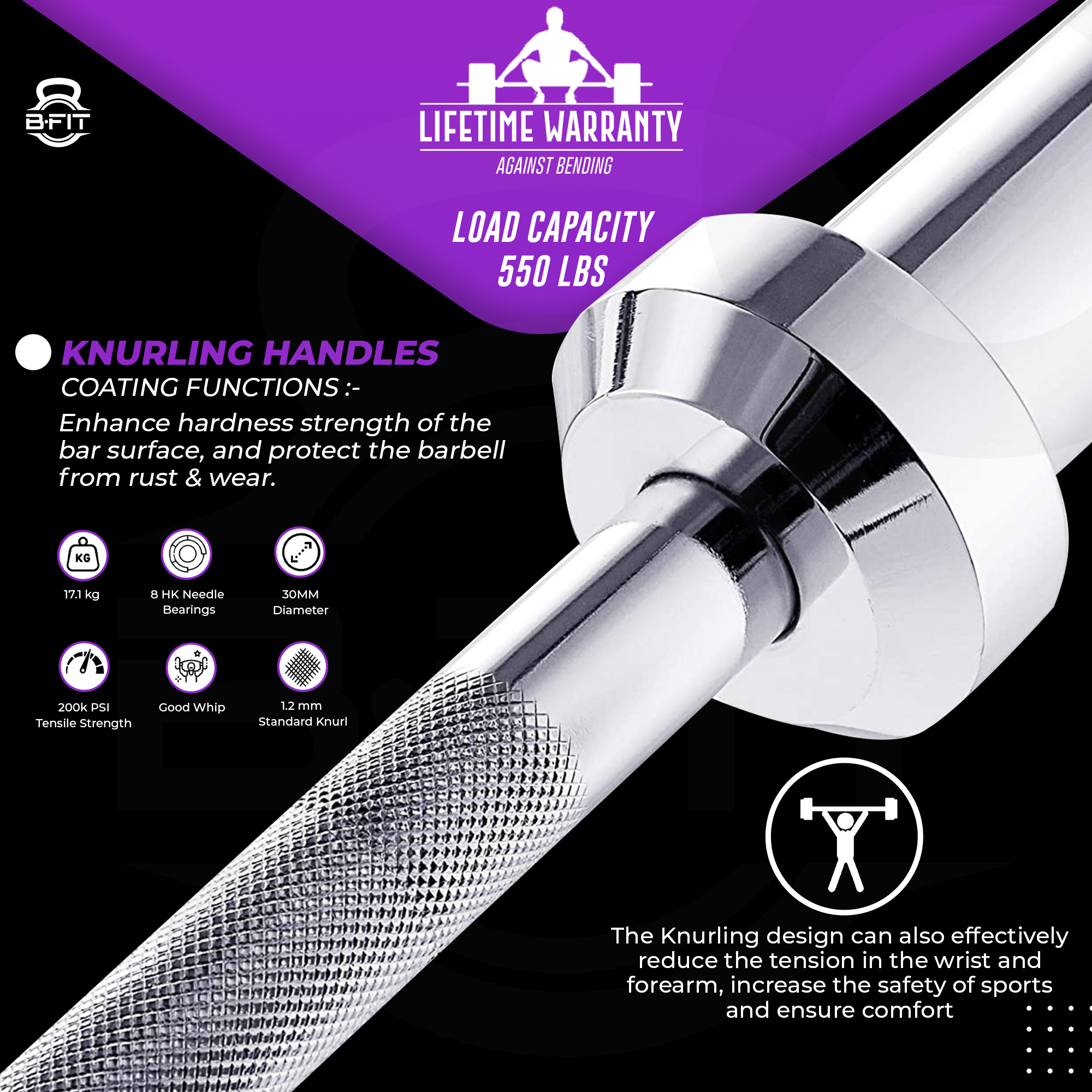 B Fit Olympic Barbell Bar 7-Feet Super Heavy for Weightlifting Power lifting with 2 Olympic Premium Collar Pair