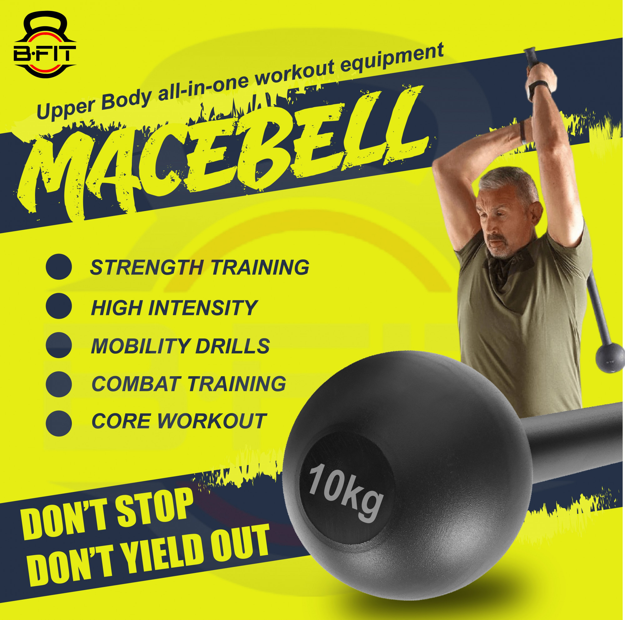 B Fit Steel 10 Kg Mac Bell for Strength Training Support Full Body Muscles Shoulder Grips Forearms Workouts Stretching
