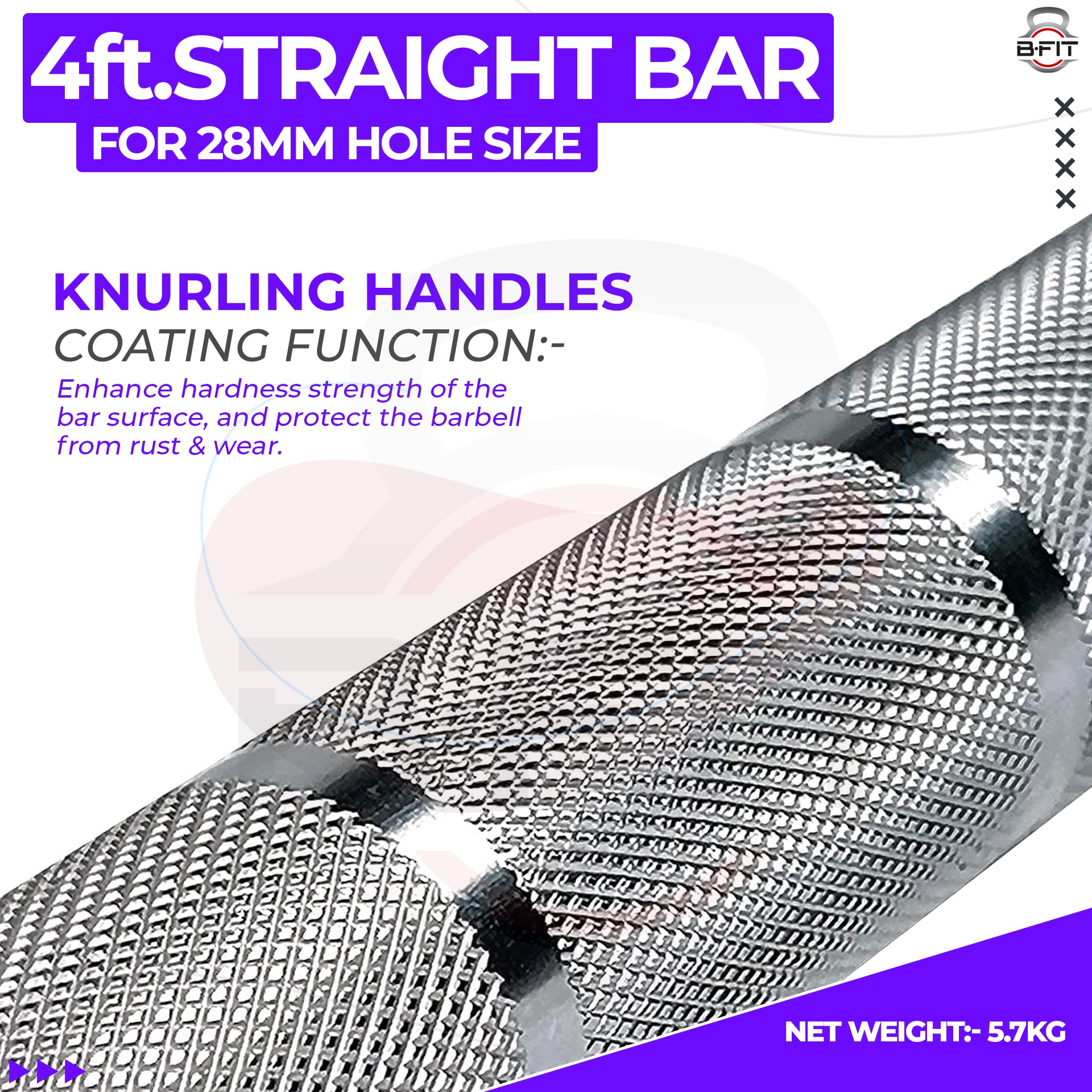 B Fit Weight Lifting Bar 4 Feet Dia 28 MM with Premium Collar pair
