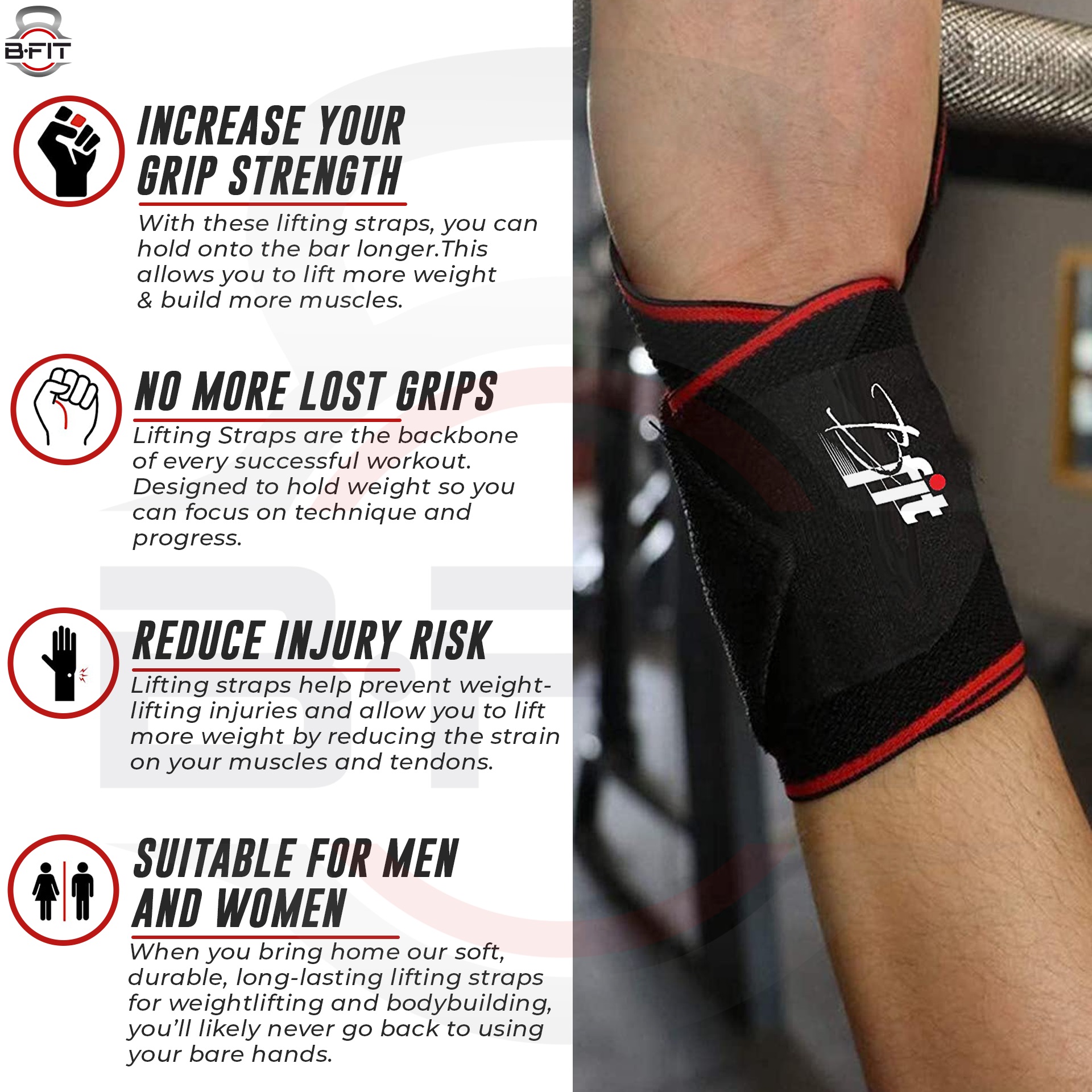 B Fit Pair of Weightlifting Support Straps with Thumb Loops - Heavy Duty Wrist Wraps Support Braces for Gym Weight TrainingPowerlifting Strength Fitness Training