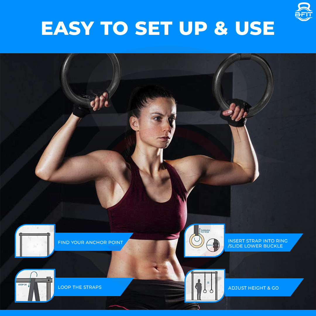 B Fit Gymnastic RingsOlympic Gym Rings with Heavy Duty Adjustable Straps for GymCross TrainingStrength TrainingPull Ups and Dips
