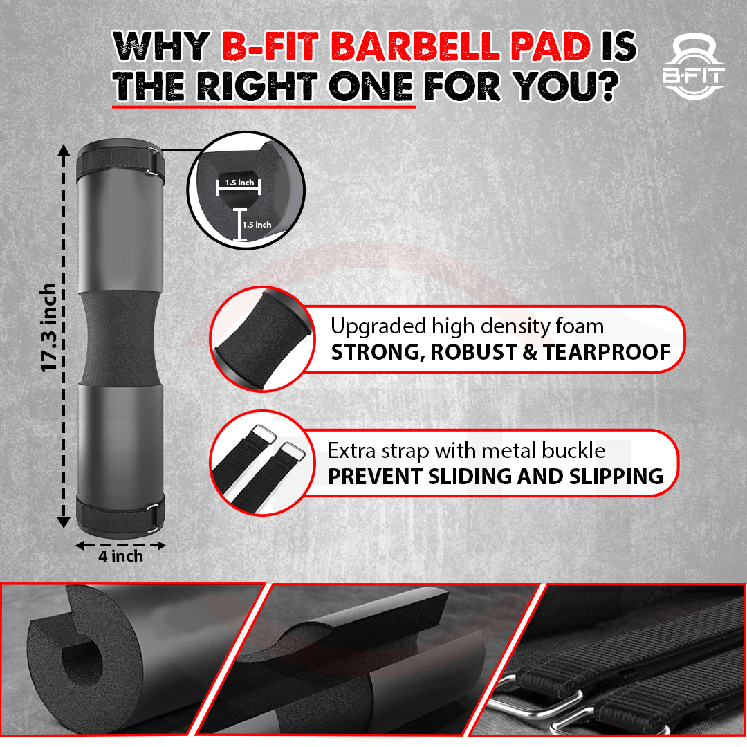 B Fit Barbell Squat Pad with Strap - Neck  Shoulder Protective Pad - Great for Squats Lunges Hip Thrusts Weight Lifting  More - Fit Standard and Olympic Bars Perfectly
