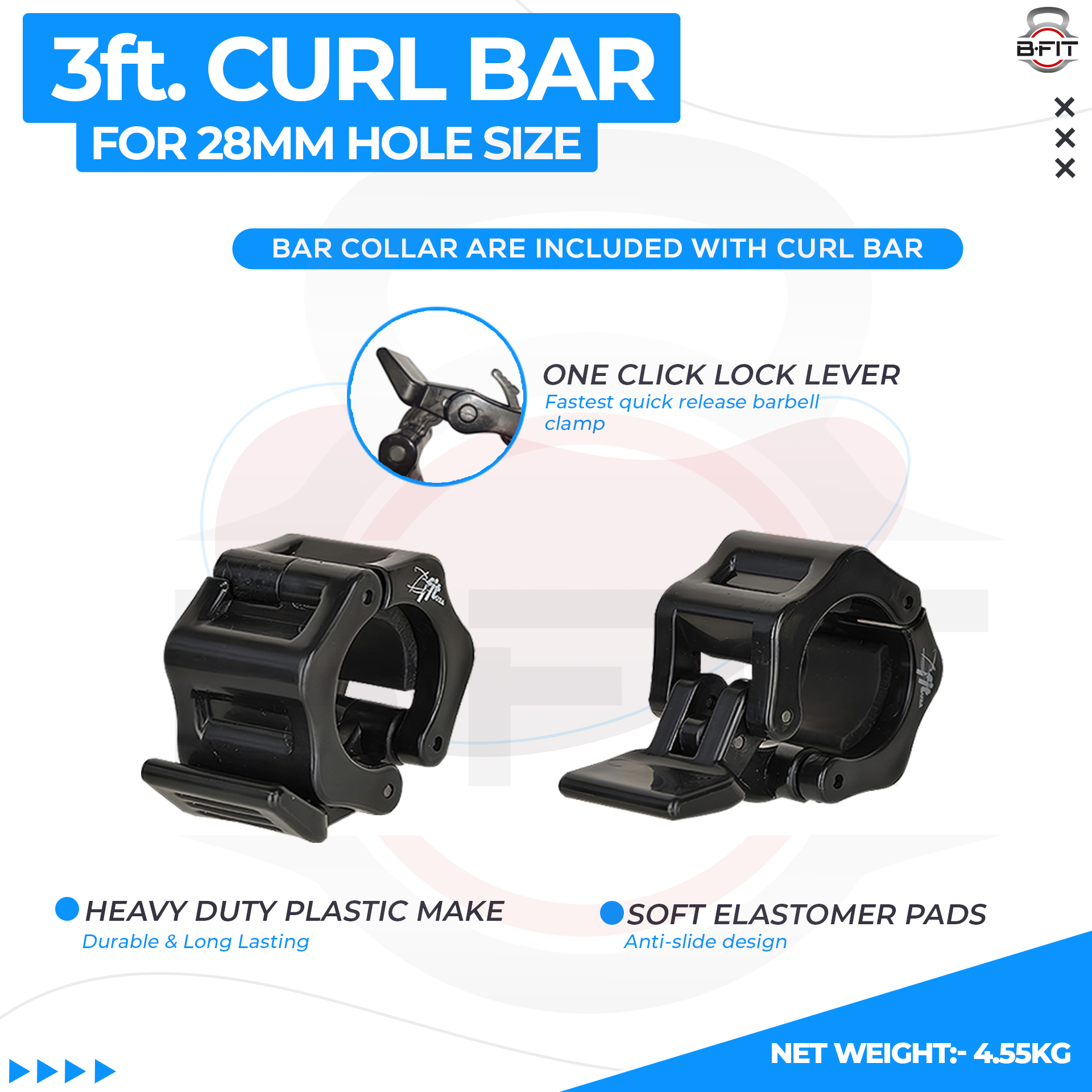 B Fit Weight Lifting EZ Curl Bar 3 Feet Dia 28 MM with Premium Collar pair