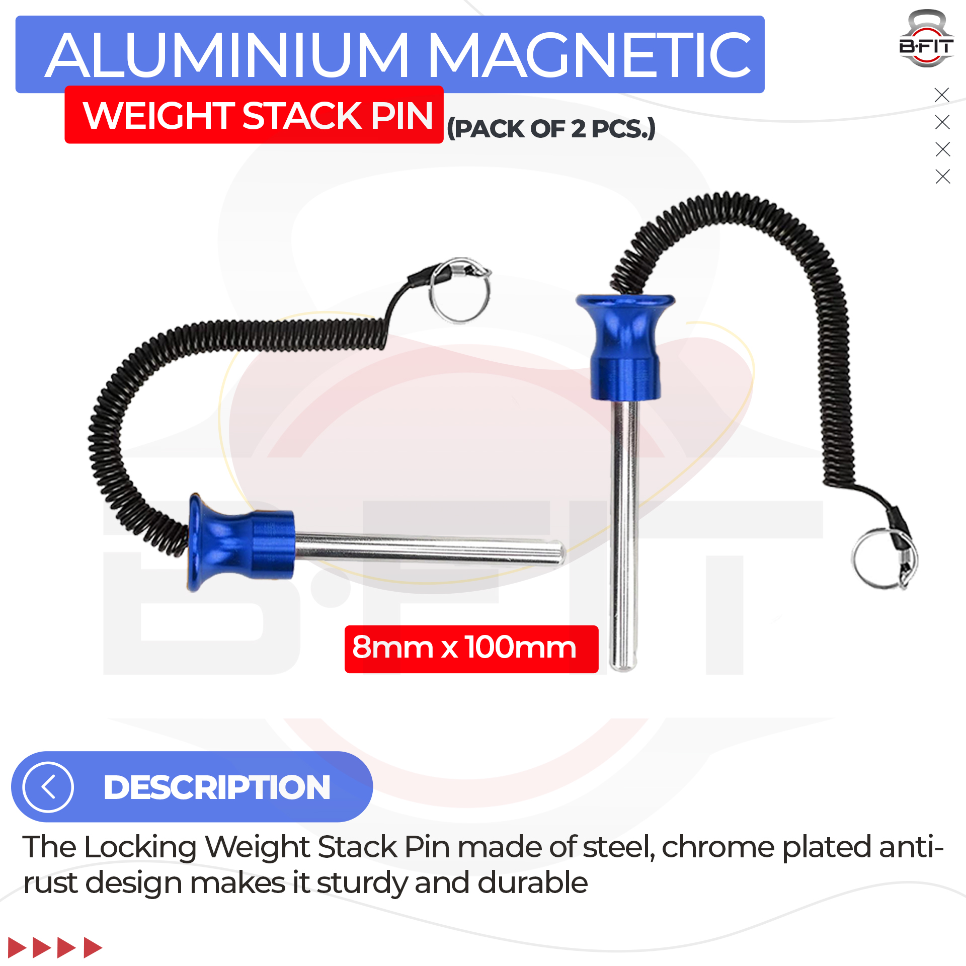 B FIT Pack of 2 Pin Tensile - Magnetic Universal Weight Stack Replacement SELECTOR Key - Size Dia 8 MM 100 MM Locking Space