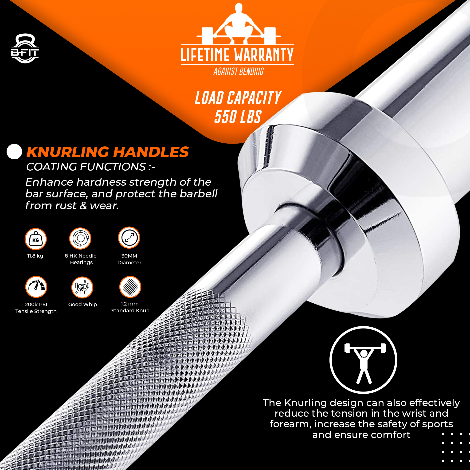 B Fit Olympic Barbell Bar 5-Feet Super Heavy for Weightlifting Power lifting with 2 Olympic Premium Collar Pair