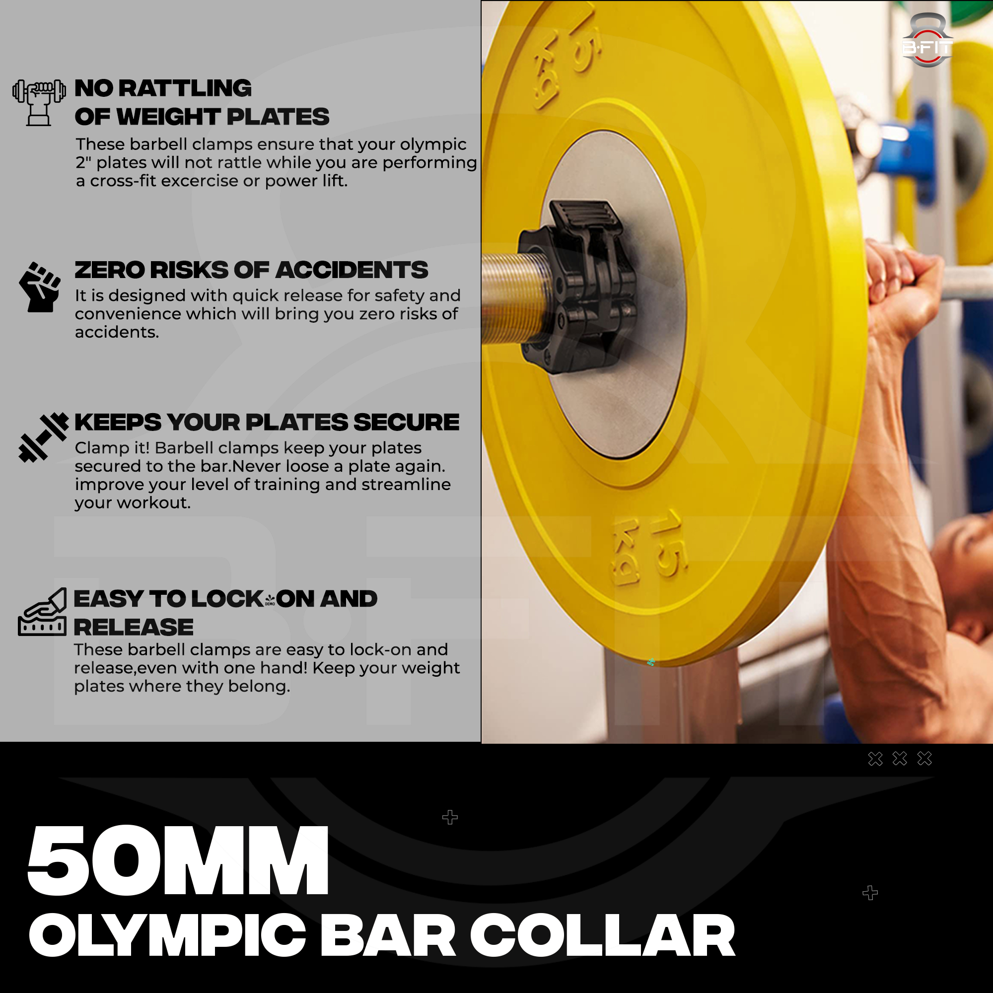 B Fit Olympic Barbell Clamps 2 50 MM Standard Weight Barbell Clips for Quick Release Pair of Locking Heavy Duty Barbell Collars for bar Great for Workout Weightlifting Fitness Training