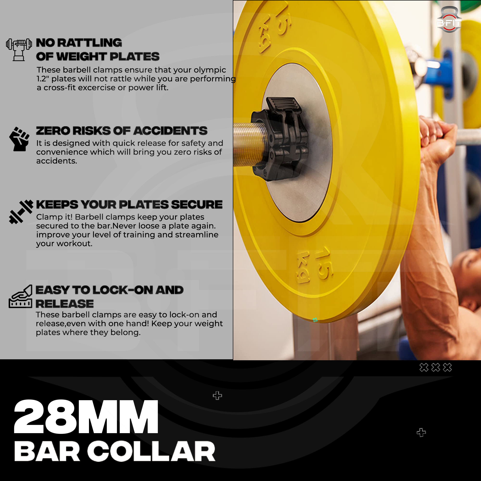 B Fit Heavy Duty Barbell Clamps Quick Release Pair of Locking 28MM Diameter Standard Bar Weight Plates Collar Clips