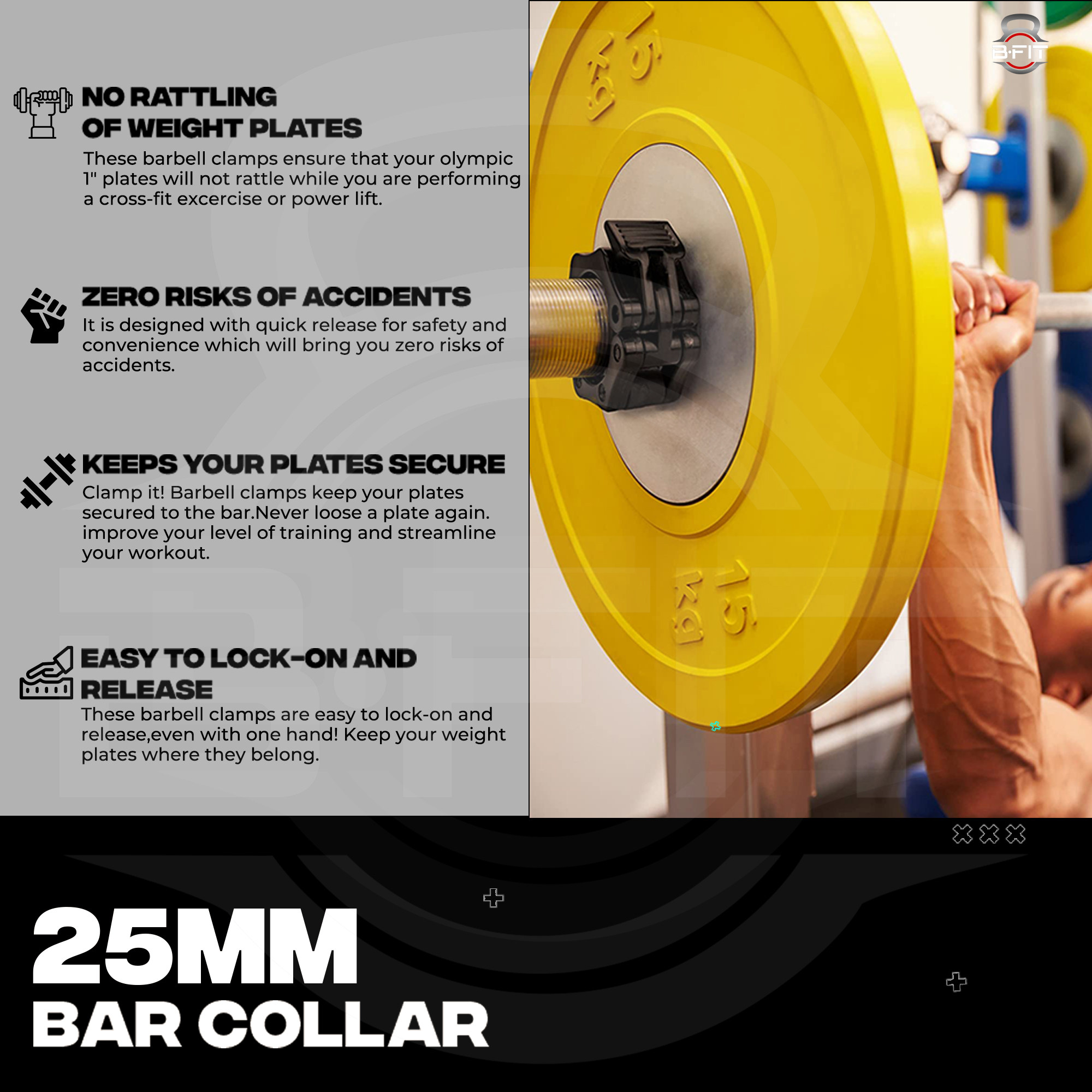 B Fit Heavy Duty Exercise Collars 1 25mm Quick Release Pair of Locking Standard Weight Bar Plate Locks Collar Clips for Workout Weightlifting Fitness Training