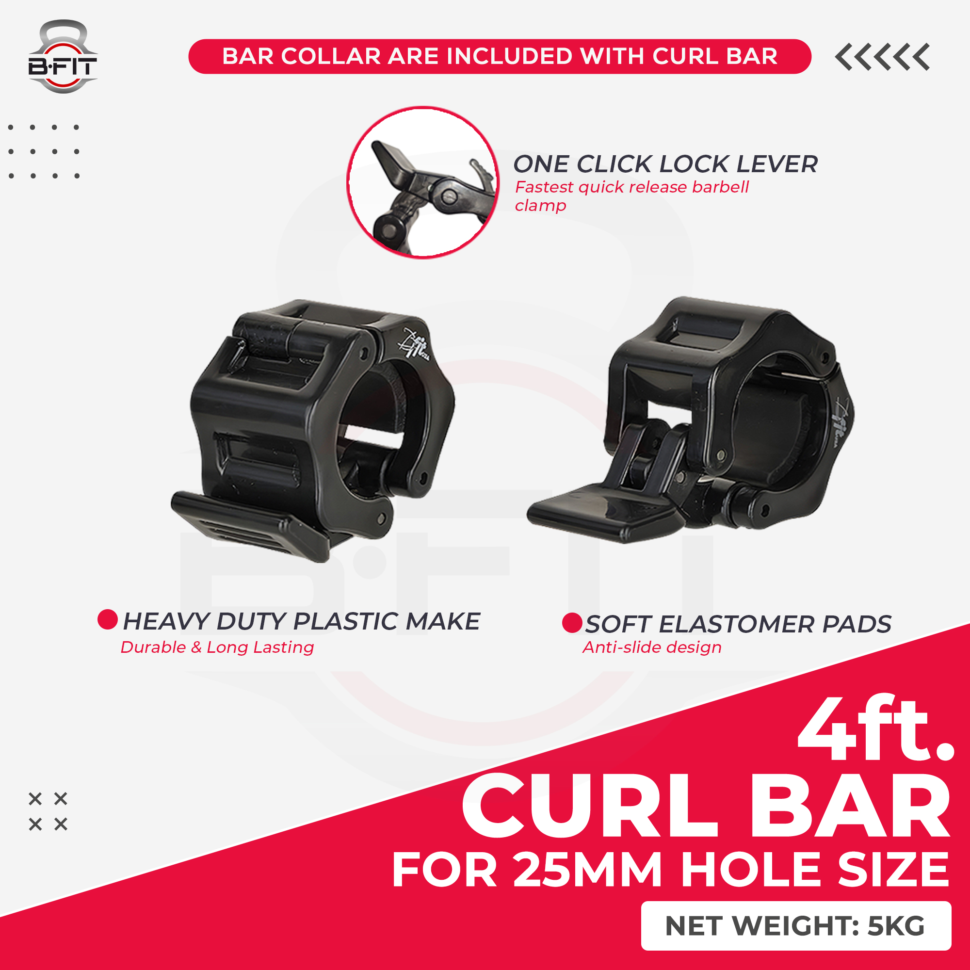 B Fit Weight Lifting EZ Curl Bar 4 Feet Dia 25 MM with Premium Collar pair