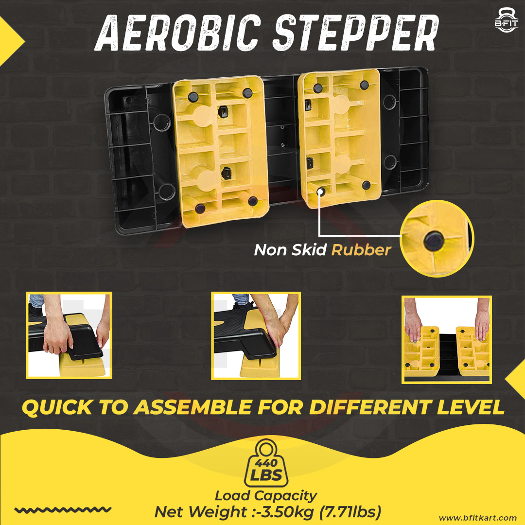 B Fit Big Size Aerobic Step - 2 Levels Height Adjustable 68 inch Color Yellow and Black Non Slip Rubber Surface 200 kg Max - Fitness Stepper Board