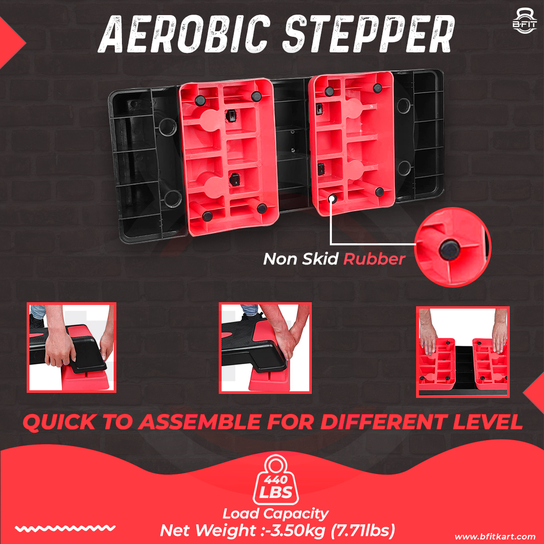 B Fit Big Size Aerobic Step - 2 Levels Height Adjustable 68 inch Color Red and Black Non Slip Rubber Surface 200 kg Max - Fitness Stepper Board