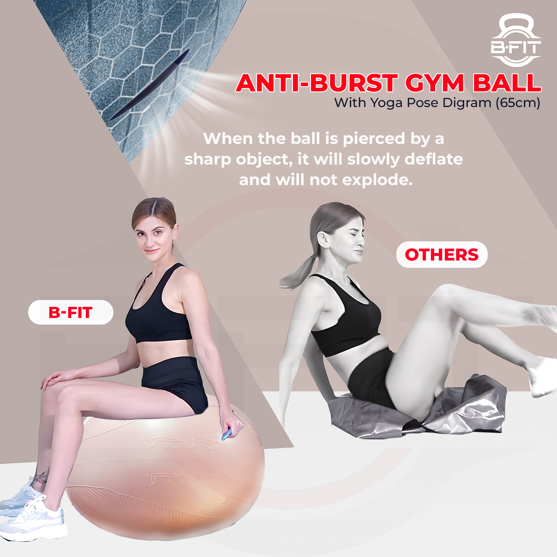 B Fit Exercise Printed Heavy Duty Peach Textured Commercial Gym Ball 65-75 Cm - Non-Slip Stability Ball - Anti Burst Yoga Ball
