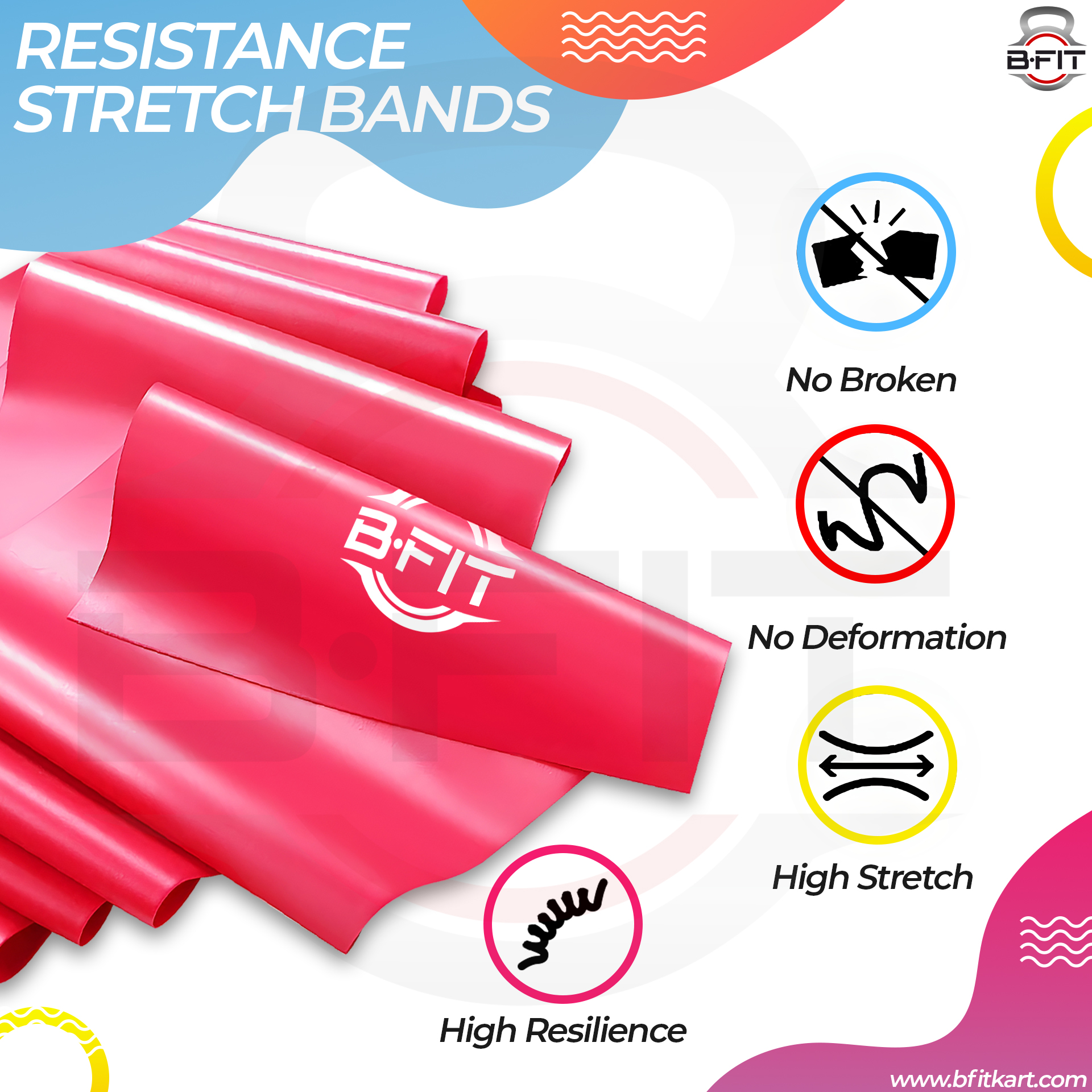 B Fit Exercise Rubber Stretch Resistance Bands Set of 3 -Men Women Home Gym Fitness Equipment for Physical Therapy Pilates Stretch Yoga Strength Training Workout