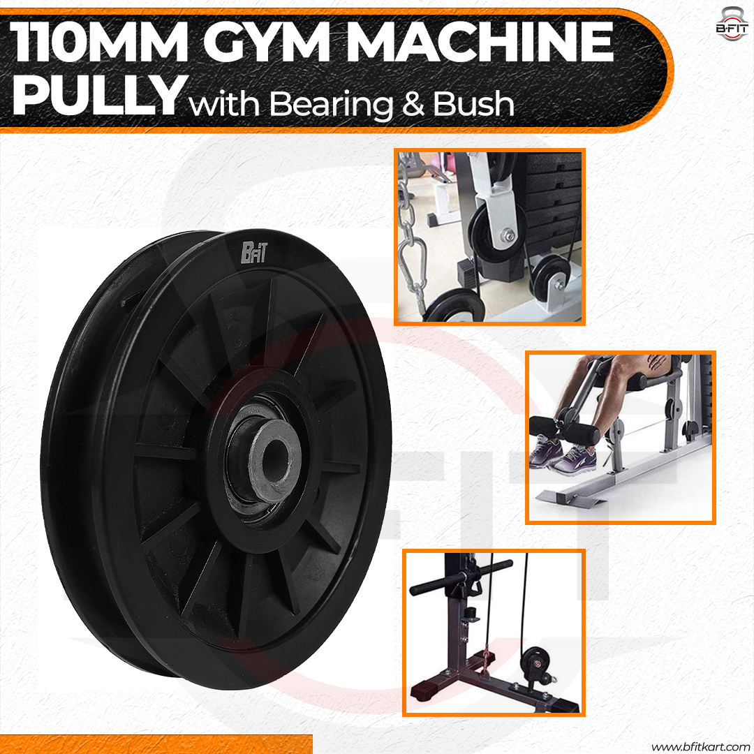 B Fit Gym Pulley 110 MM Black with inbuilt Bearing and Bush Wheel Cable Gym Fitness Equipment Part Set