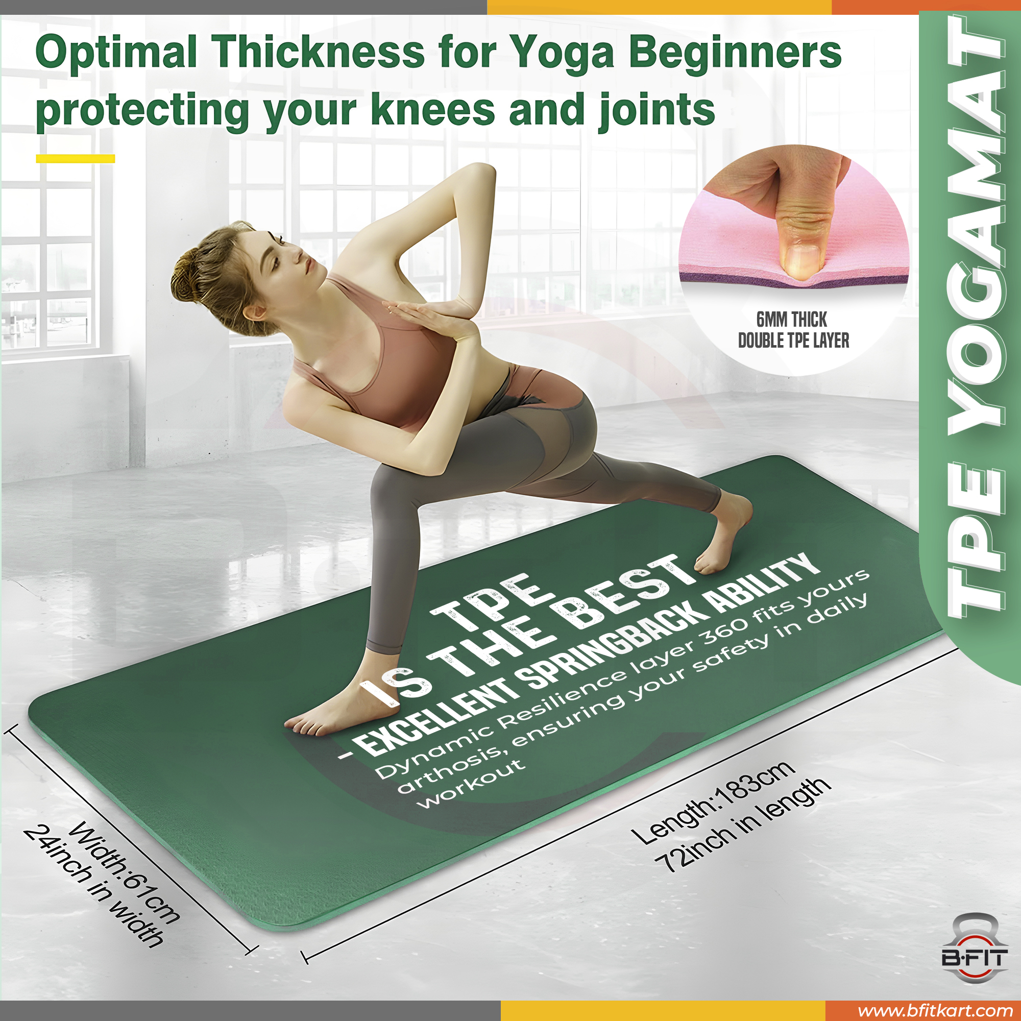 B Fit Premium TPE Yoga Mat Dark Green Color - Classic 6 MM Pro Yoga Mat Eco Friendly Non Slip Fitness Exercise Mat with Smart Carry Bag-Workout Mat for Yoga Pilates and Floor Exercises