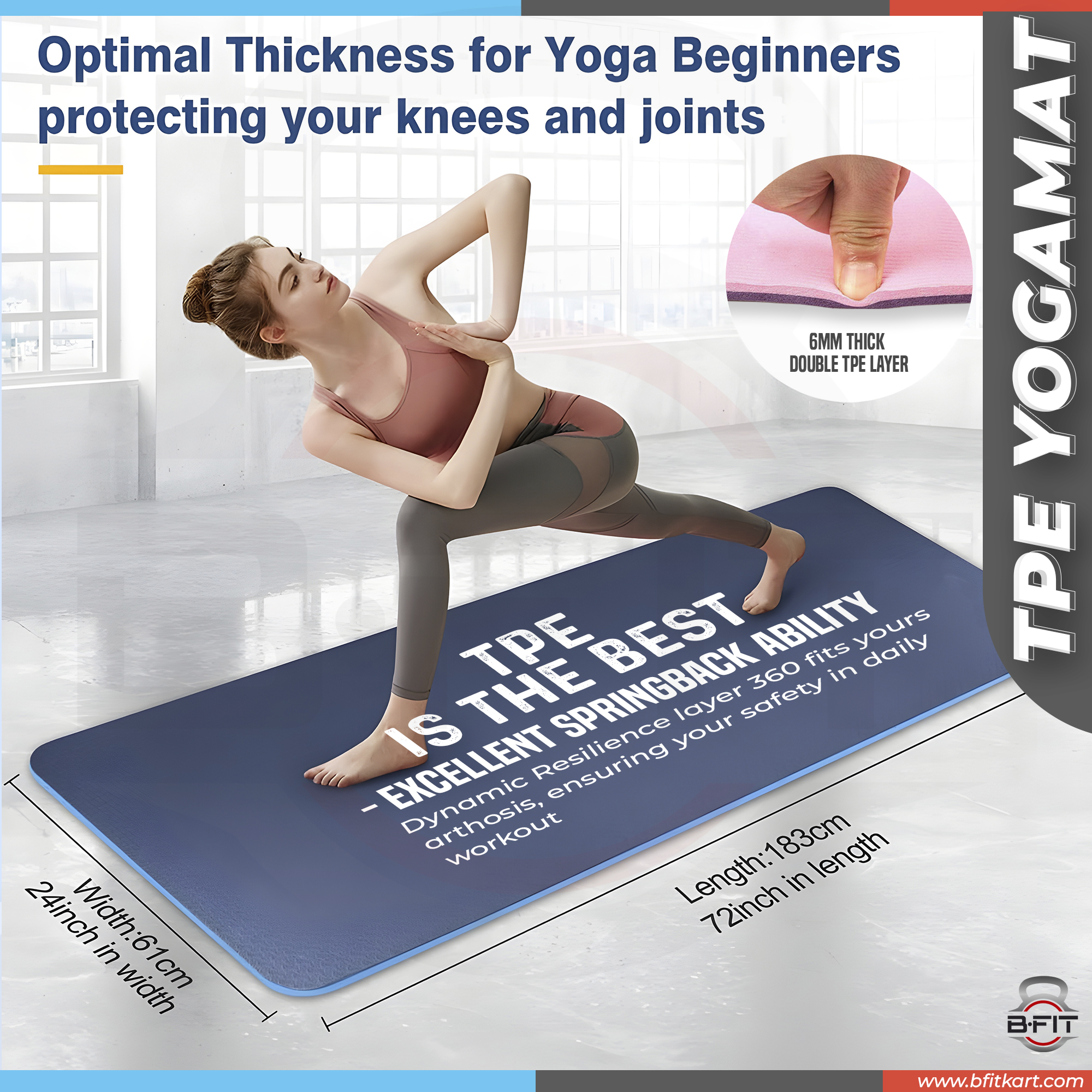 B Fit Premium TPE Yoga Mat Black Color - Classic 6 MM Pro Yoga Mat Eco Friendly Non Slip Fitness Exercise Mat with Smart Carry Bag-Workout Mat for Yoga Pilates and Floor Exercises