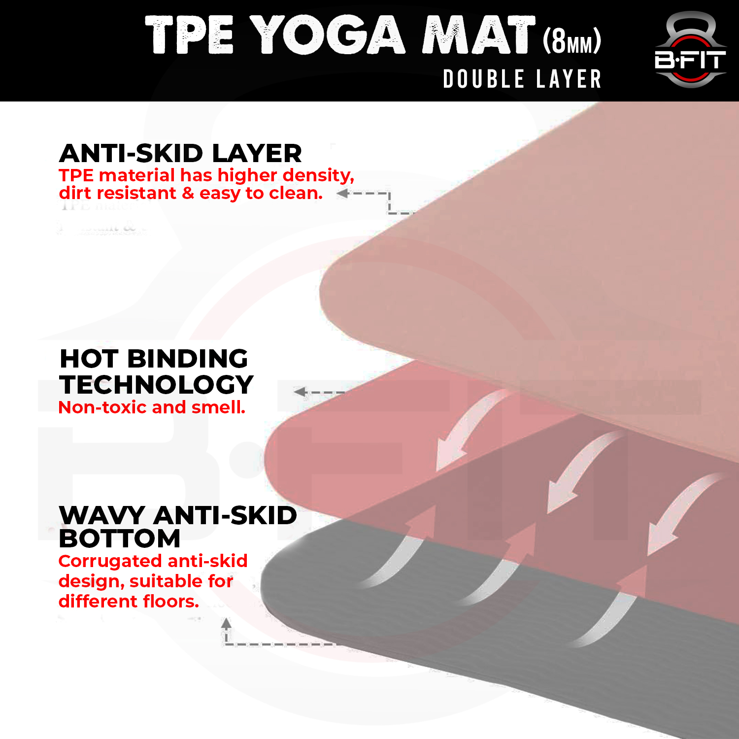 B Fit  Extra Wide 31x72 Inch 8 MM Thick Premium TPE Yoga Mat with Alignment Printed Red Black Color   - Classic Pro Yoga Mat Eco Friendly Non Slip Fitness Exercise Mat with Smart Carry Bag-Workout Mat for Yoga Pilates and Floor Exercises
