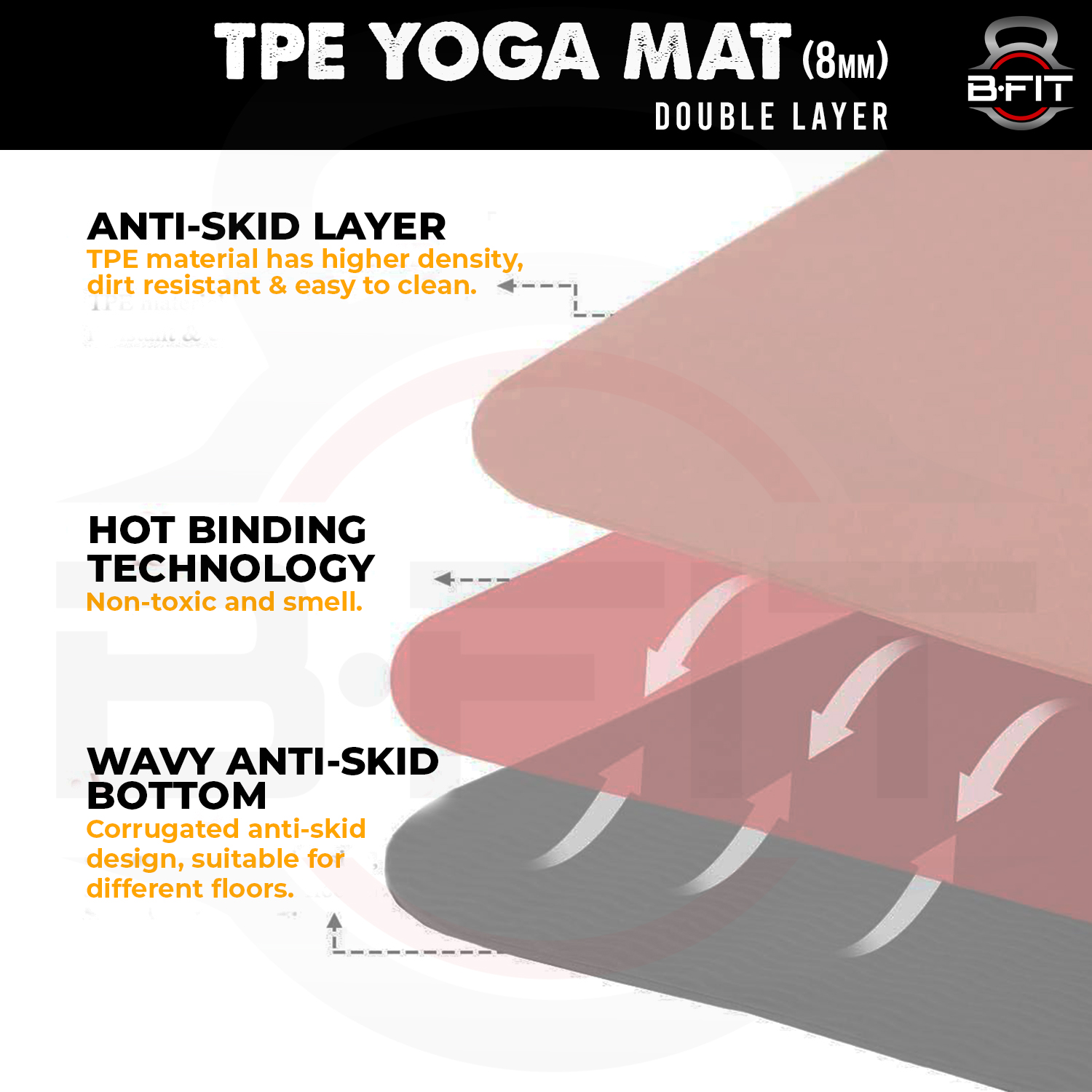 B Fit  Extra Wide 31x72 Inch 8 MM Thick Premium TPE Yoga Mat with Alignment Printed Orange Black Color   - Classic Pro Yoga Mat Eco Friendly Non Slip Fitness Exercise Mat with Smart Carry Bag-Workout Mat for Yoga Pilates and Floor Exercises