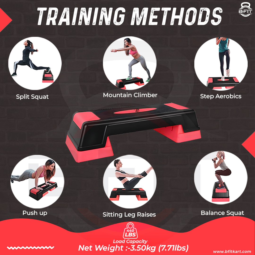 B Fit Big Size Aerobic Step - 2 Levels Height Adjustable 68 inch Color Red and Black Non Slip Rubber Surface 200 kg Max - Fitness Stepper Board