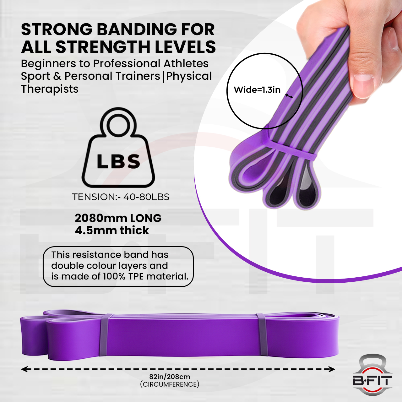 B FIT Super Heavy Pull Up Assist Bands - Heavy Duty Resistance Band Mobility Powerlifting Exercise Bands Stretching Resistance Training Purple 40-80 lbs