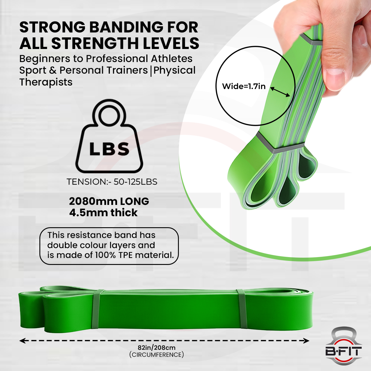 B FIT Super Heavy Pull Up Assist Bands - Heavy Duty Resistance Band Mobility Powerlifting Exercise Bands Stretching Resistance Training Green 50-125 lbs