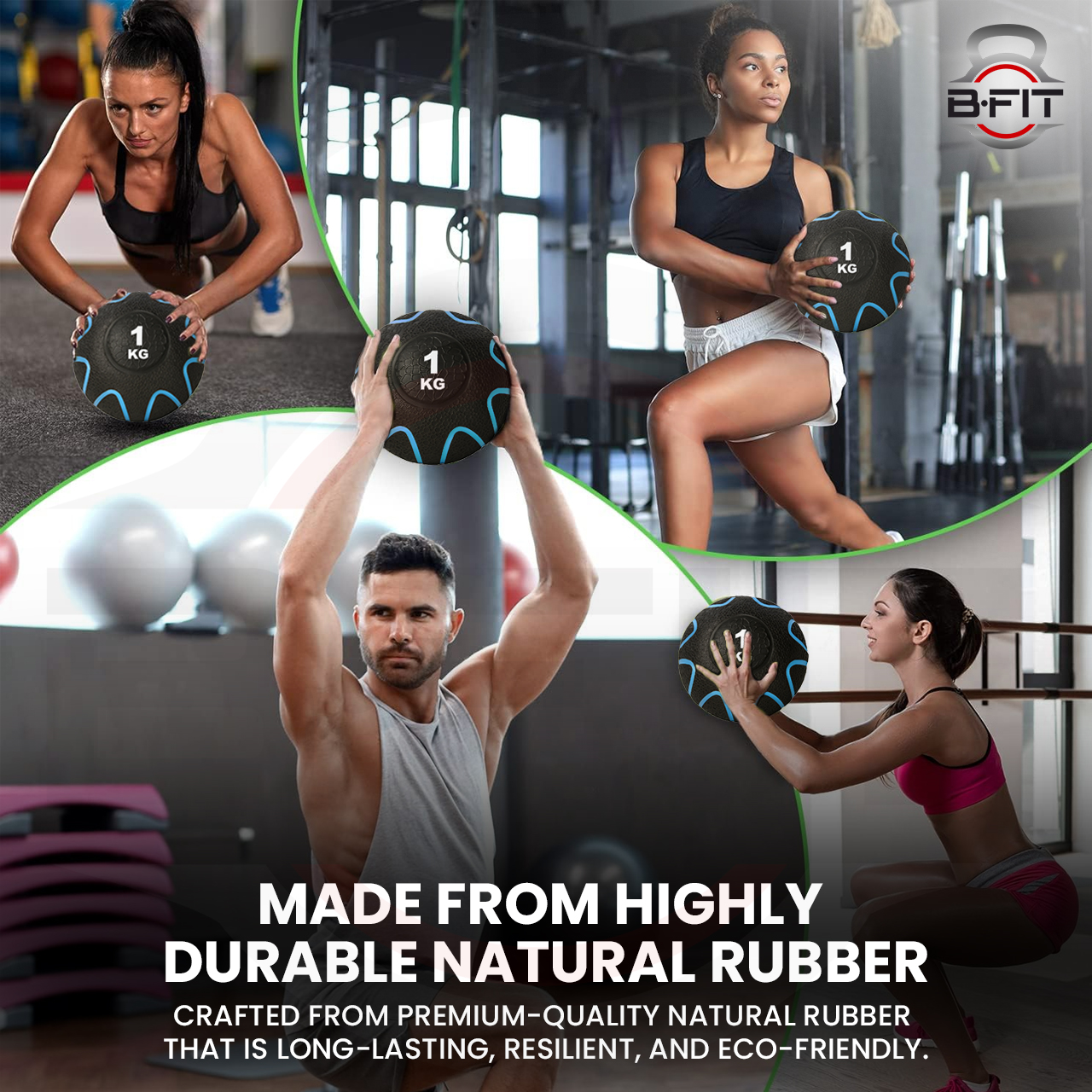 B fit Virgin Rubber Medicine Ball 1 Kg with Dual Texture Grip Weighted Medicine Ball for Workouts Exercise Balance Training Core Strength Balance and Coordination Exercise Non-Slip Rubber Shell