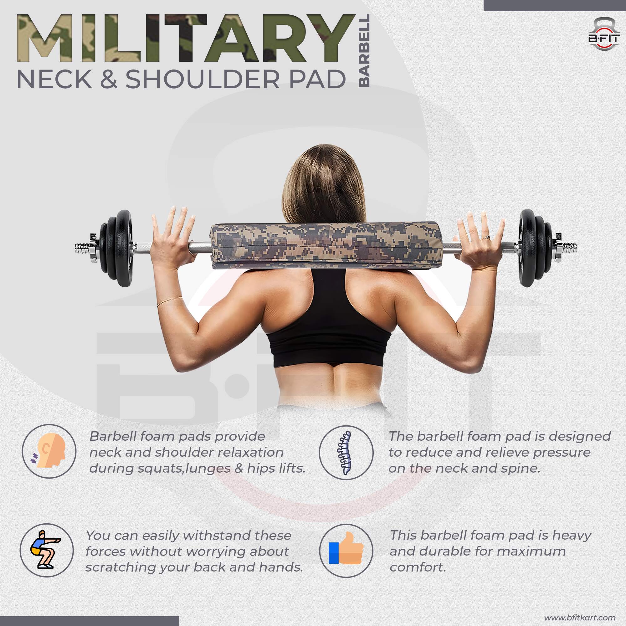 B Fit 17 Inches Military Color Extra Thick Barbell Neck Pad and Shoulder Support for Weight Lifting Crossfit Powerlifting Fits Olympic Size Bars and a Smith Machine Bar