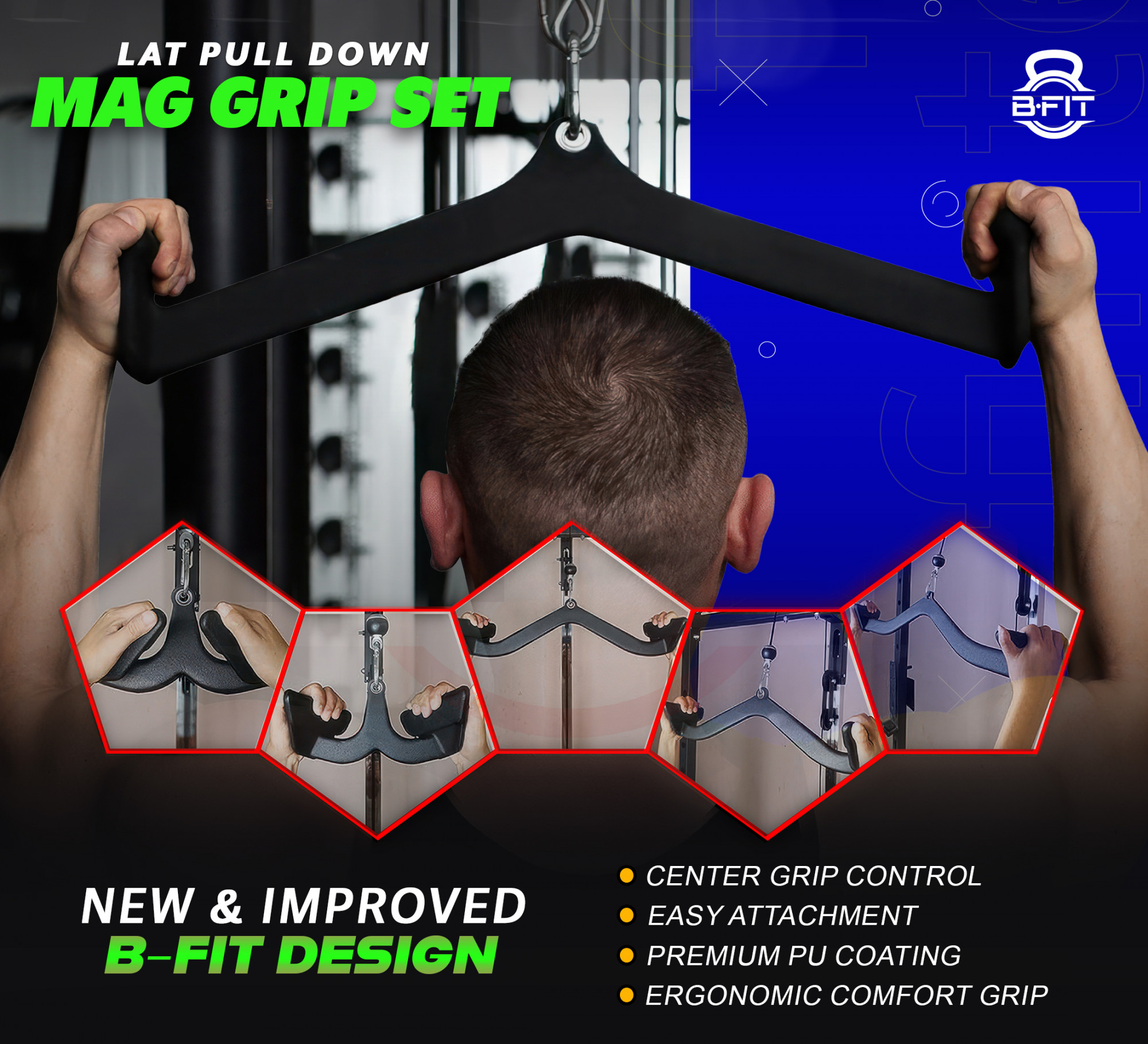 B Fit Mag Grip Set of 5 LAT Pull Down Bar for Cable Machine LAT Pulldown Attachments T Bar V Bar Cable Attachment Back Tricep Bar Strength Training Handle