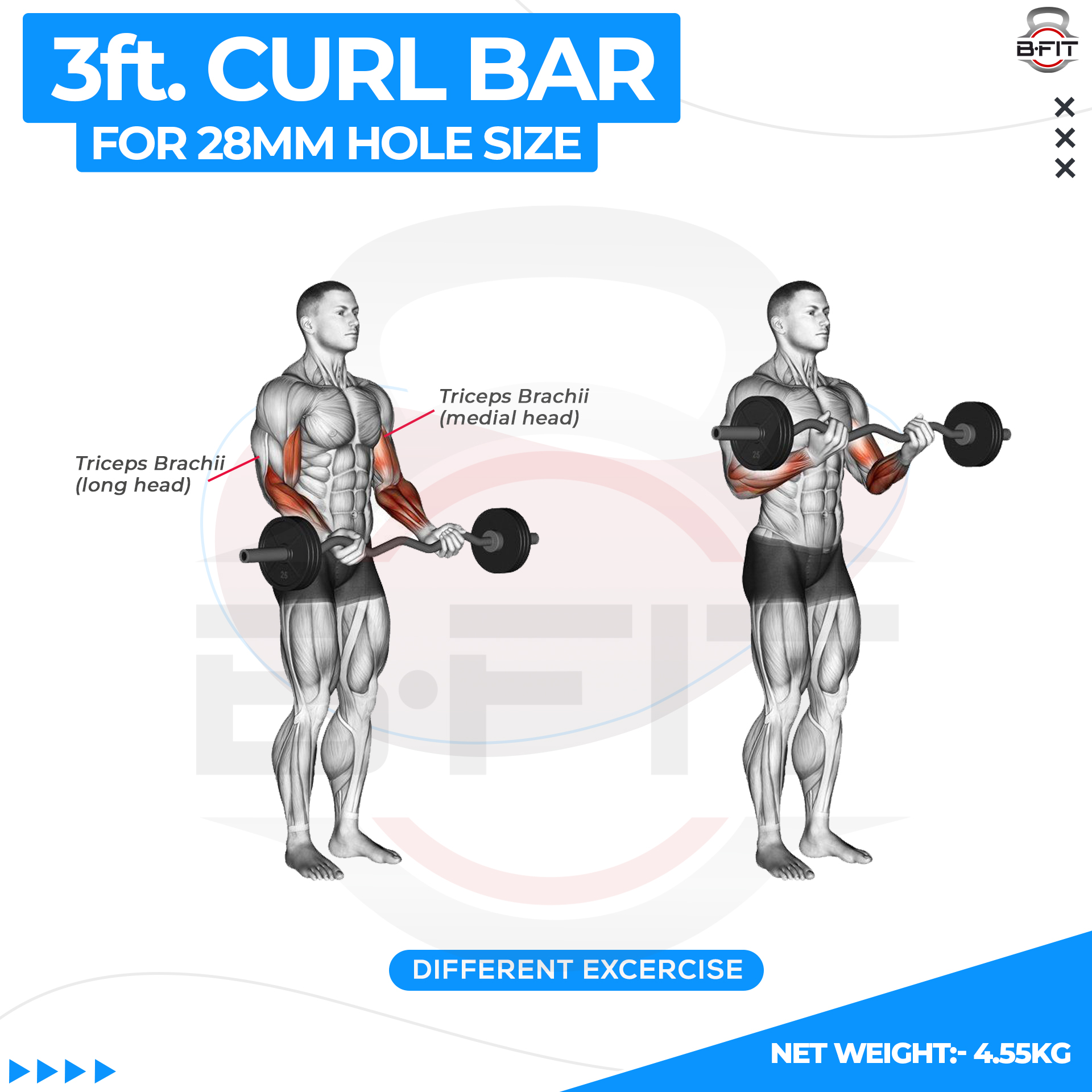 B Fit Weight Lifting EZ Curl Bar 3 Feet Dia 28 MM with Premium Collar pair