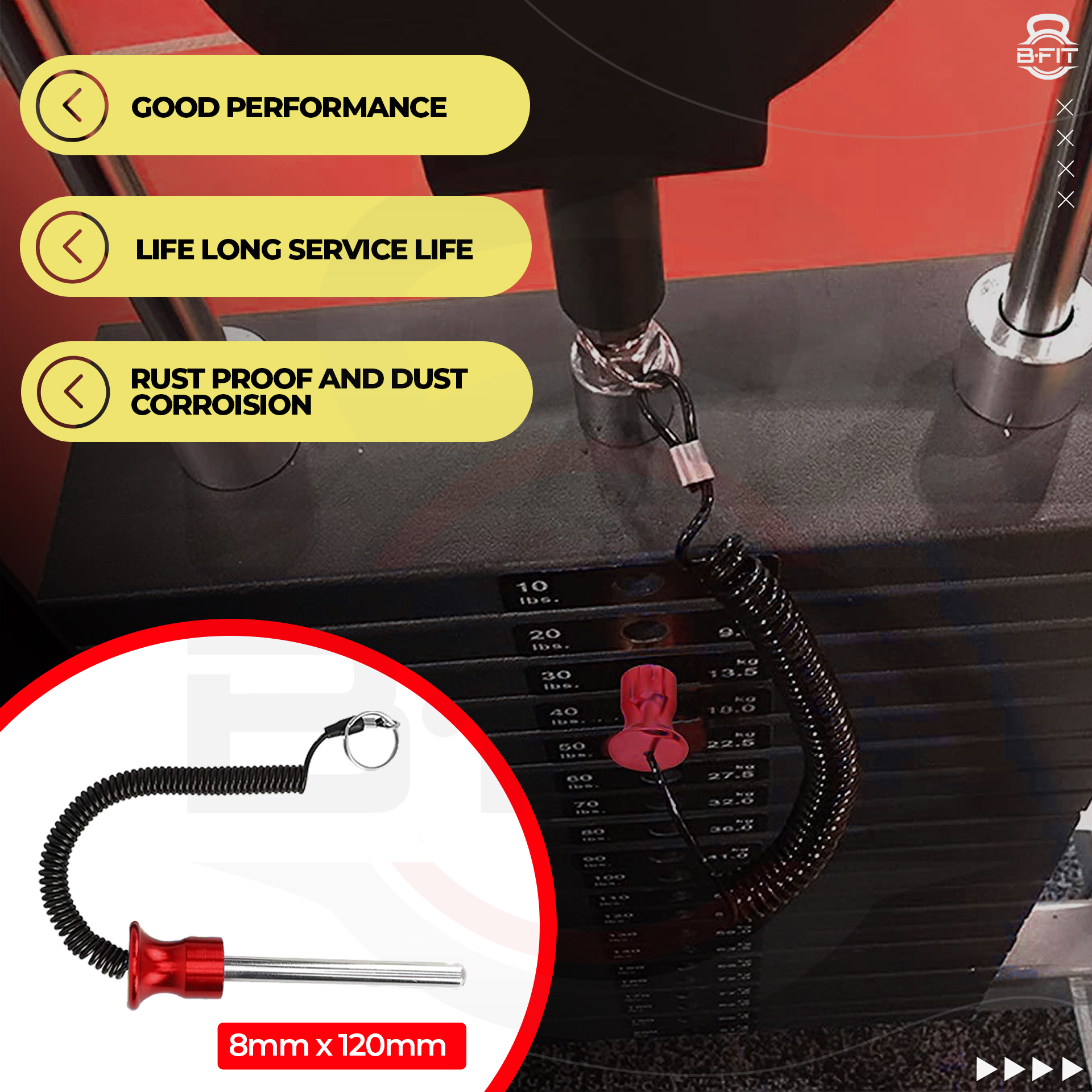 B FIT Pack of 2 Pin Tensile - Magnetic Universal Weight Stack Replacement SELECTOR Key - Size Dia 8 MM 120 MM Locking Space