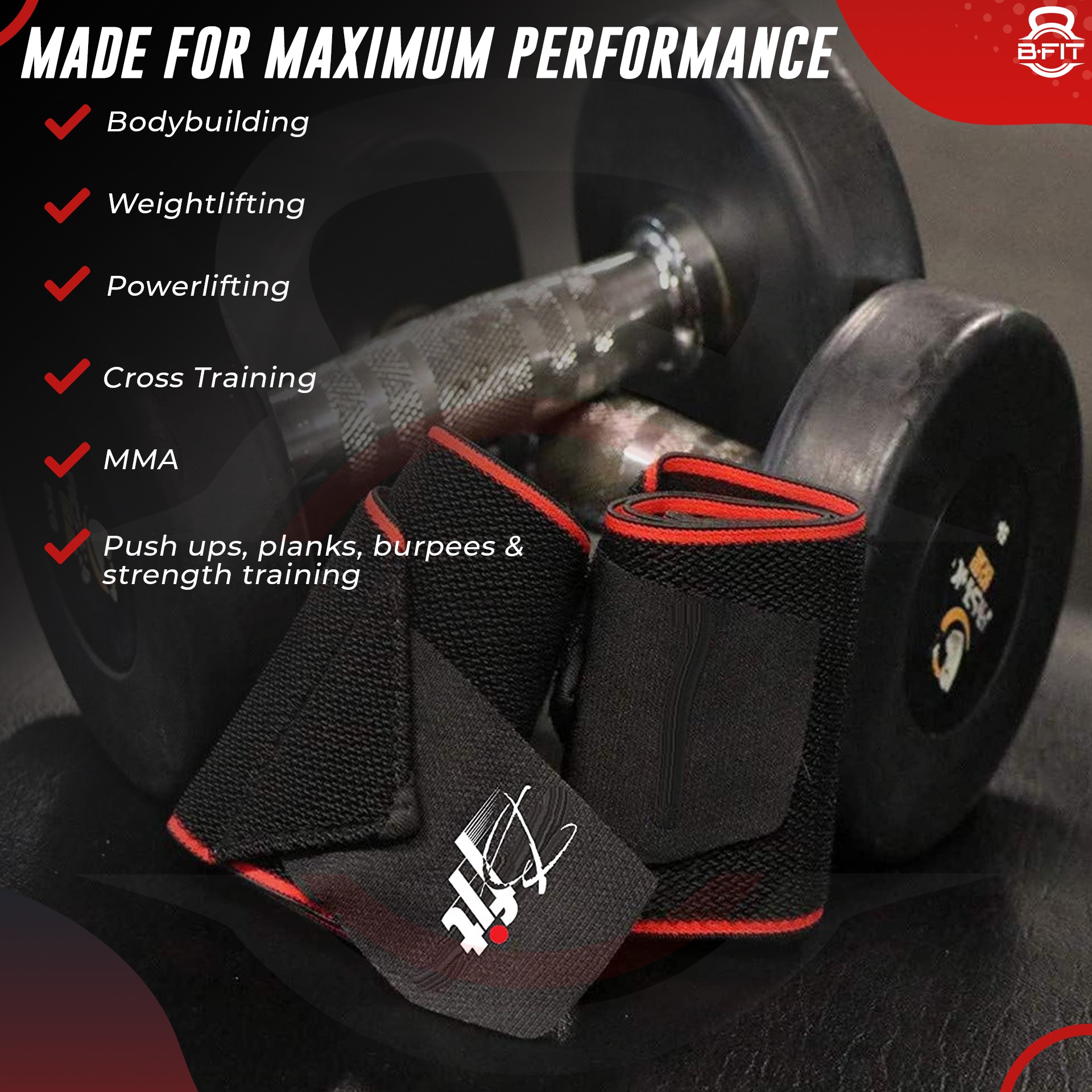 B Fit Pair of Weightlifting Support Straps with Thumb Loops - Heavy Duty Wrist Wraps Support Braces for Gym Weight TrainingPowerlifting Strength Fitness Training