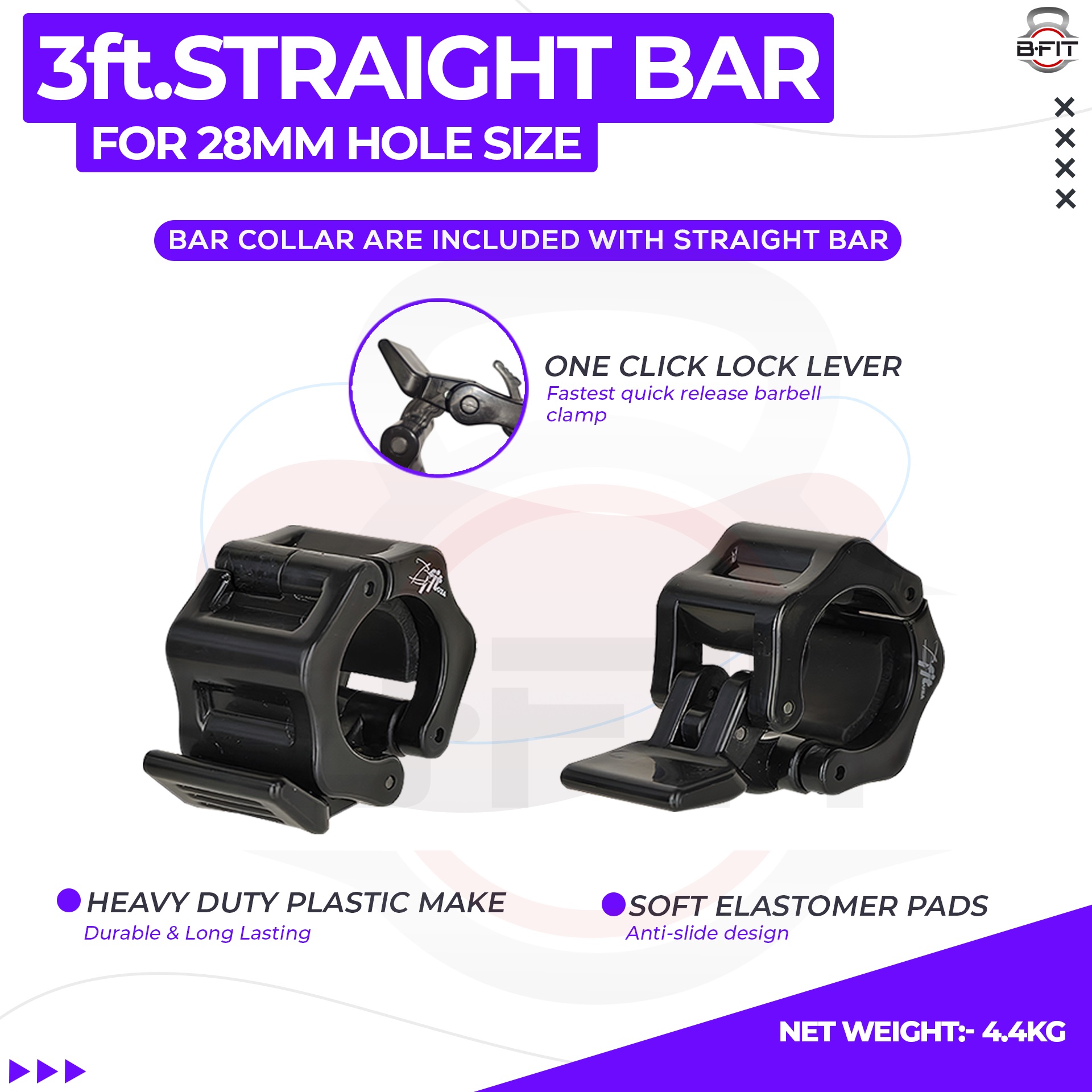 B Fit Weight Lifting Bar 3 Feet Dia 28 MM with Premium Collar pair