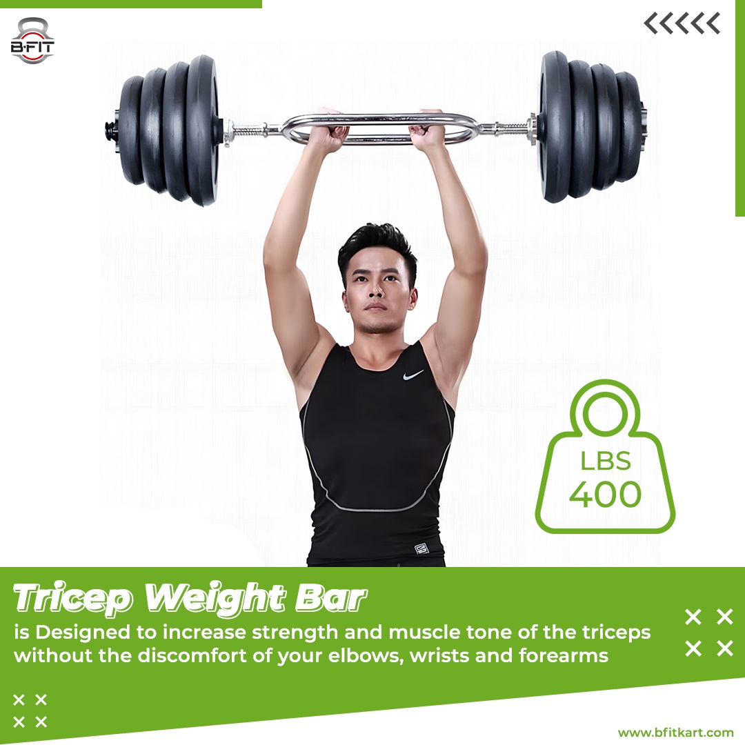 B fit 34 Barbell Triceps Curl Bar Standard Threaded Triceps Bar Non Slip 28 MM With Ring Collars