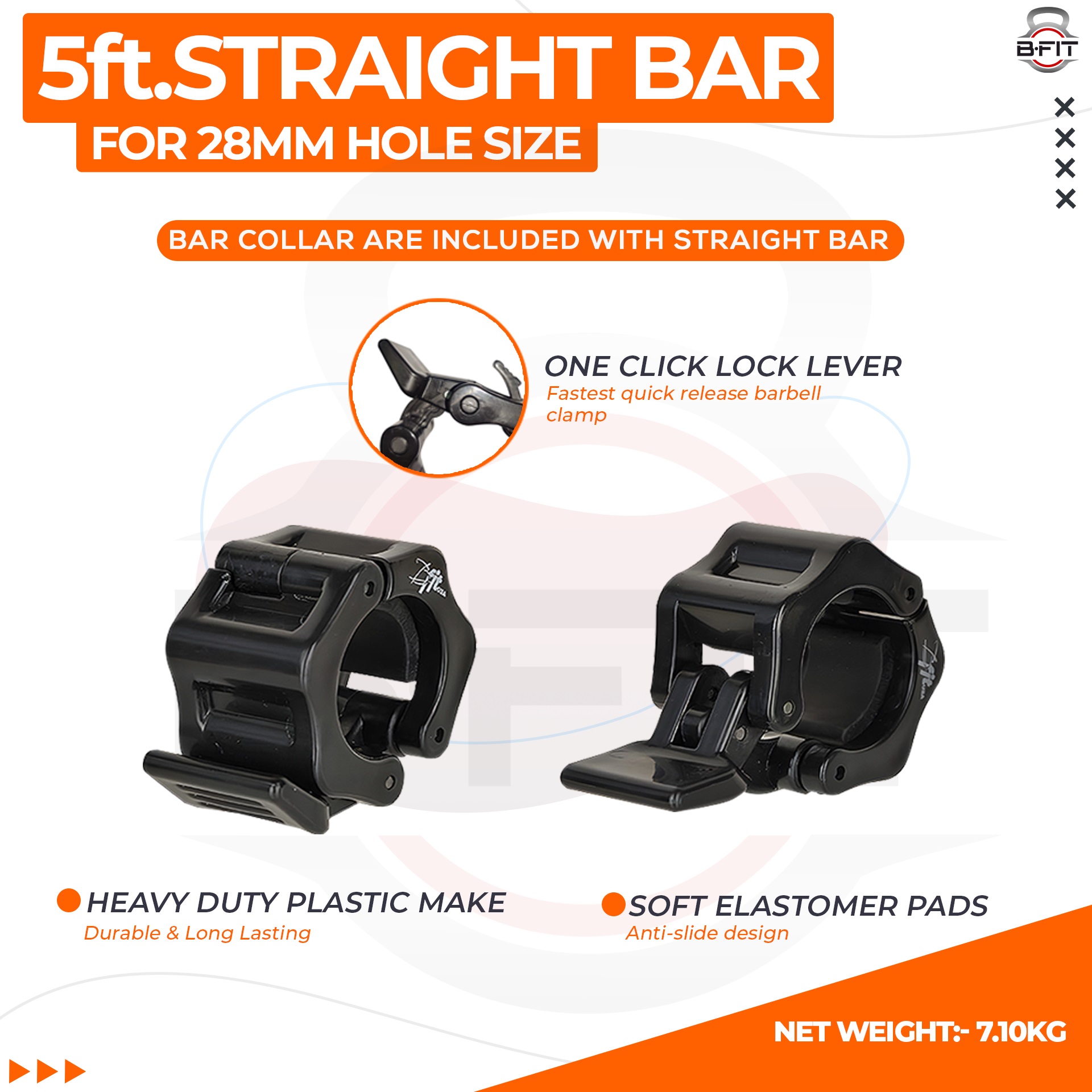 B Fit Weight Lifting Bar 5 Feet Dia 28 MM with Premium Collar pair