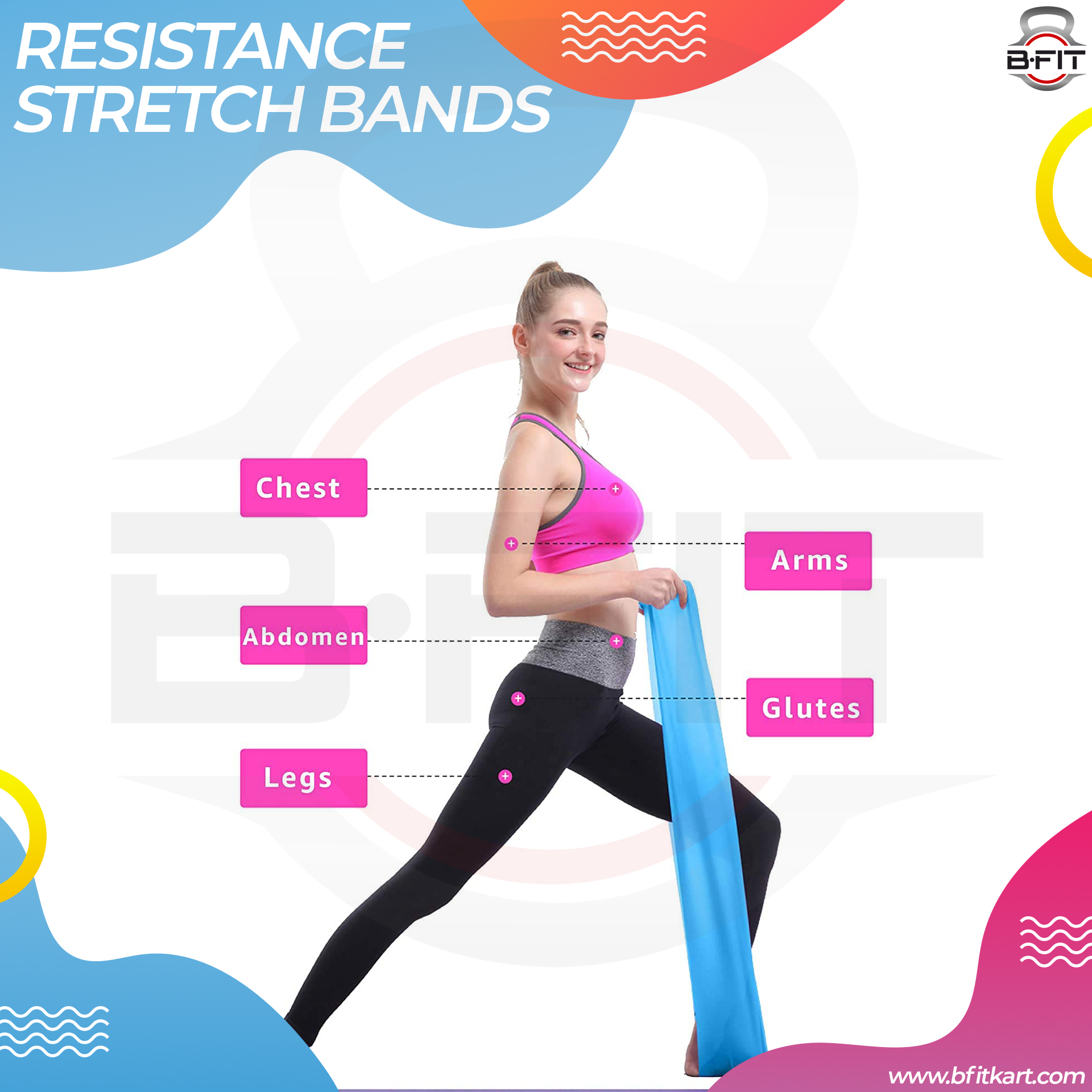 B Fit Exercise Rubber Stretch Resistance Bands Set of 3 -Men Women Home Gym Fitness Equipment for Physical Therapy Pilates Stretch Yoga Strength Training Workout