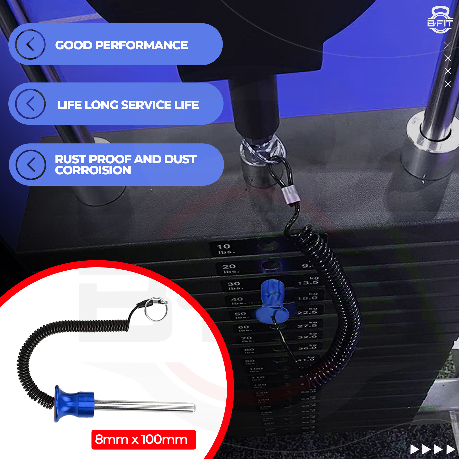 B FIT Pack of 2 Pin Tensile - Magnetic Universal Weight Stack Replacement SELECTOR Key - Size Dia 8 MM 100 MM Locking Space