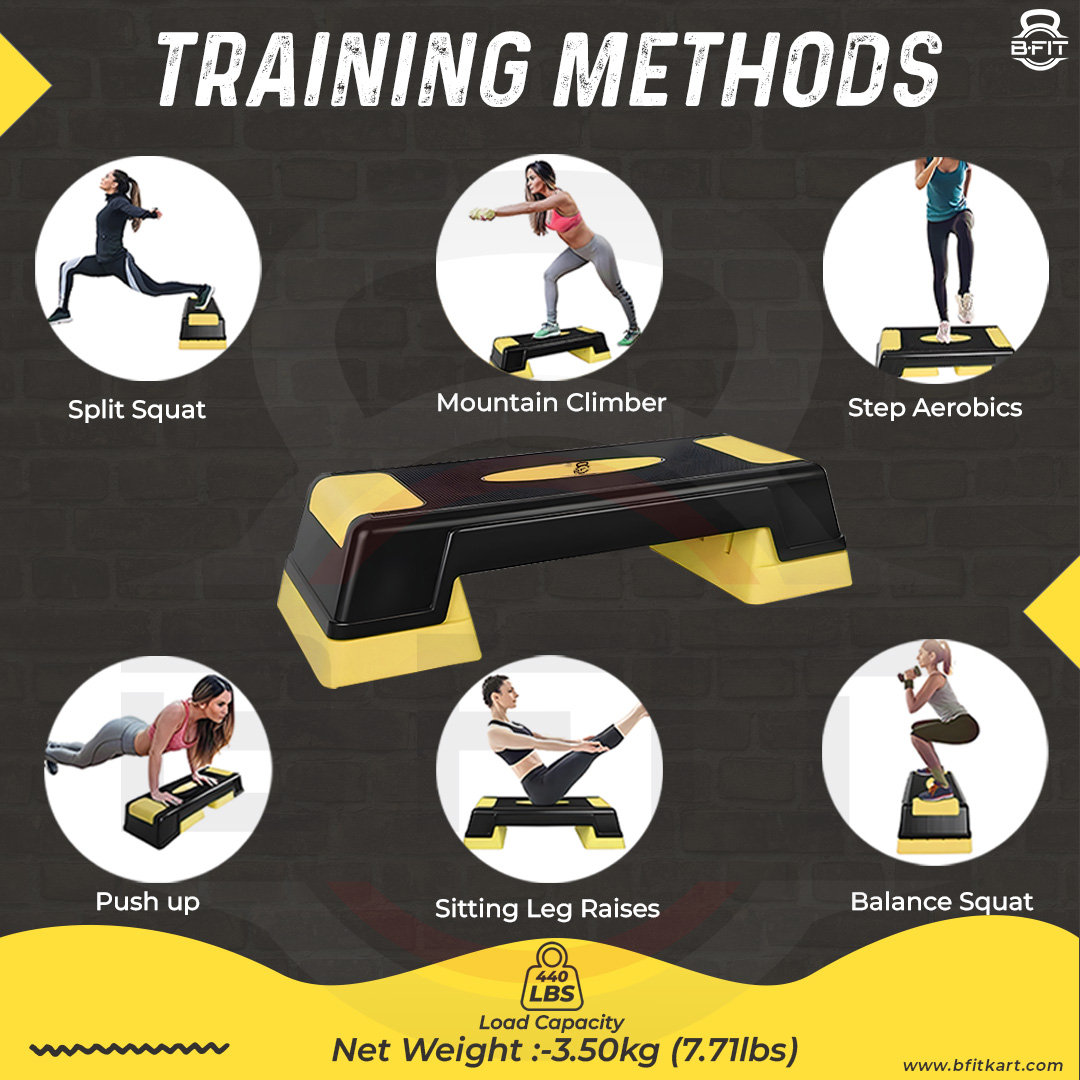 B Fit Big Size Aerobic Step - 2 Levels Height Adjustable 68 inch Color Yellow and Black Non Slip Rubber Surface 200 kg Max - Fitness Stepper Board