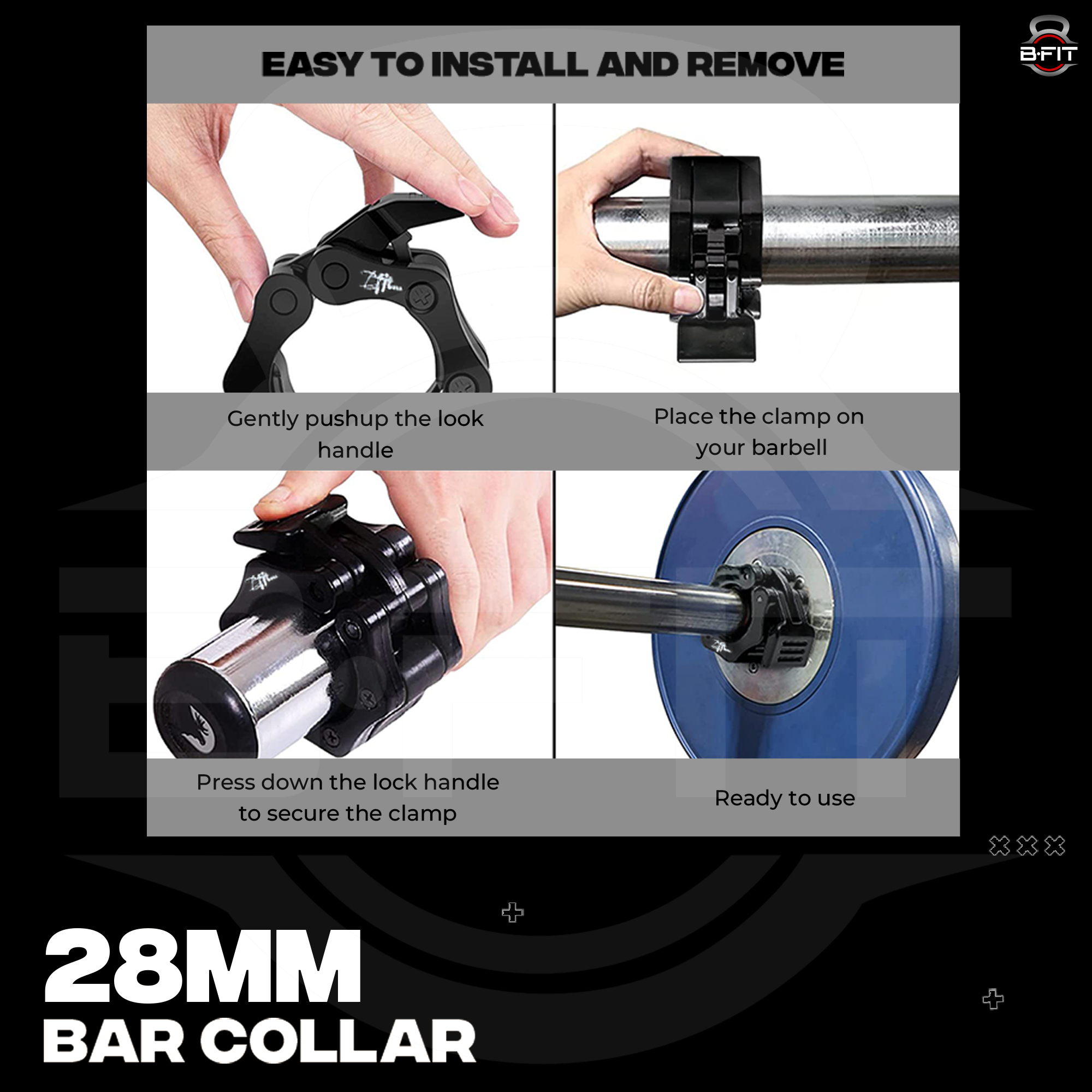 B Fit Heavy Duty Barbell Clamps Quick Release Pair of Locking 28MM Diameter Standard Bar Weight Plates Collar Clips