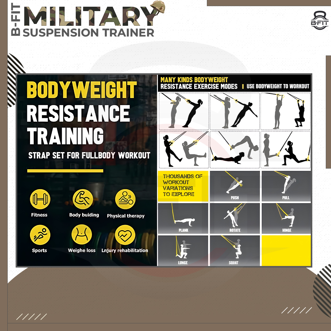 B Fit All-in-One Suspension Trainer - Home-Gym System In Attractive Military Color