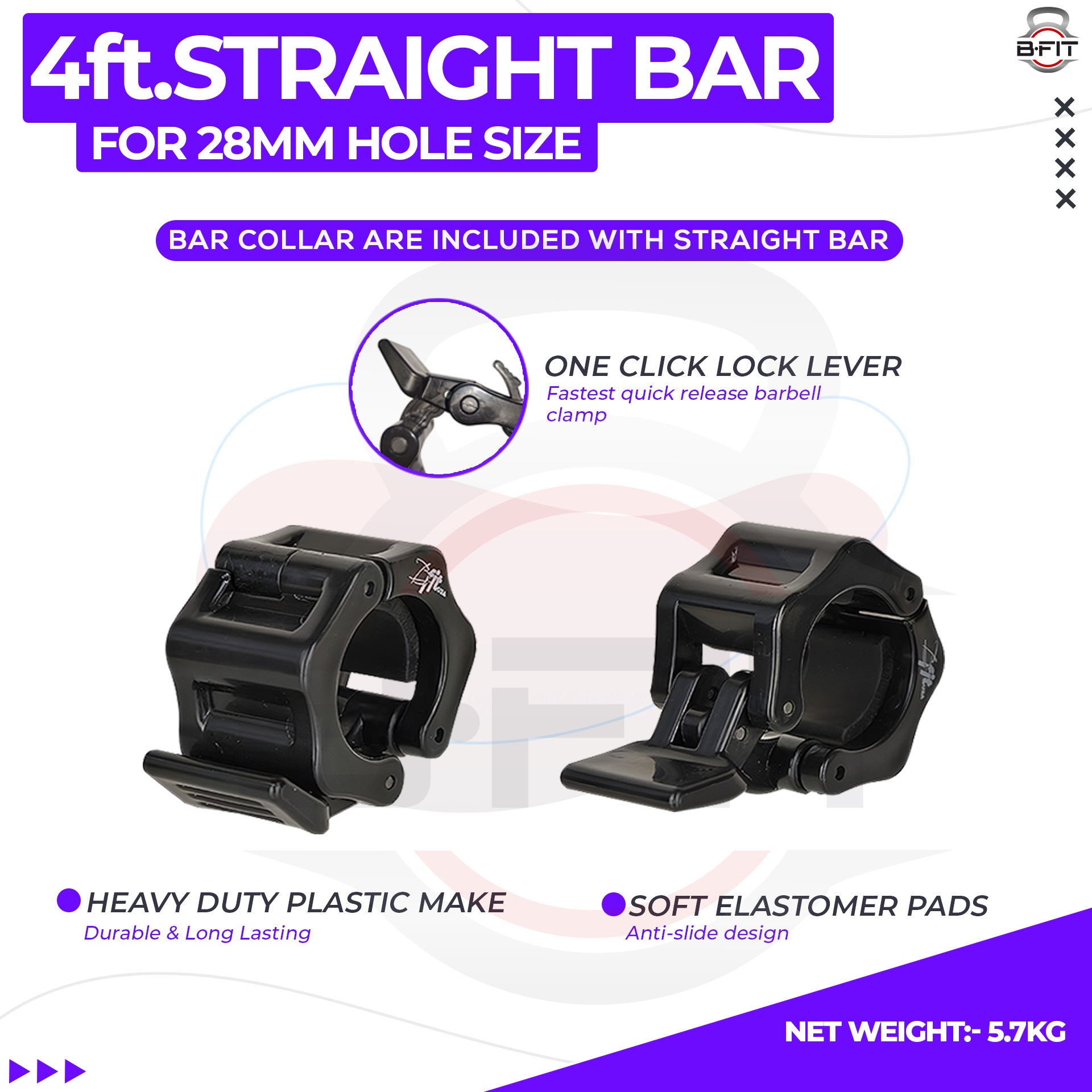 B Fit Weight Lifting Bar 4 Feet Dia 28 MM with Premium Collar pair