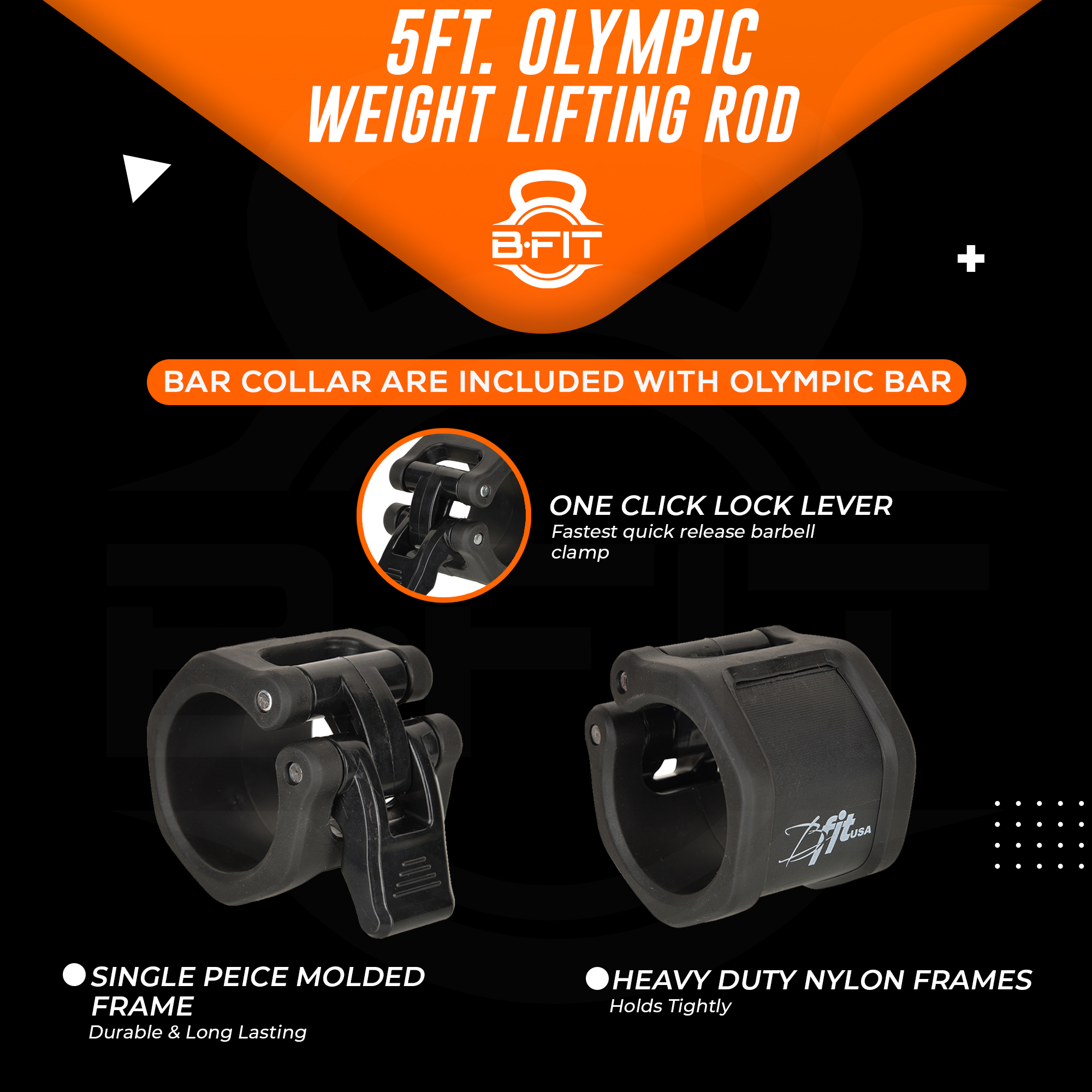 B Fit Olympic Barbell Bar 5-Feet Super Heavy for Weightlifting Power lifting with 2 Olympic Premium Collar Pair