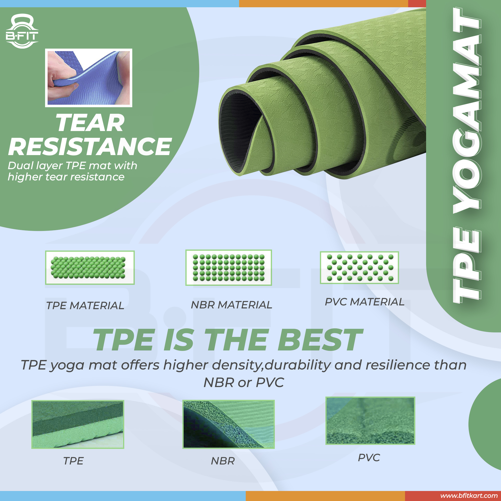 B Fit Premium TPE Yoga Mat Dark Green Color - Classic 6 MM Pro Yoga Mat Eco Friendly Non Slip Fitness Exercise Mat with Smart Carry Bag-Workout Mat for Yoga Pilates and Floor Exercises