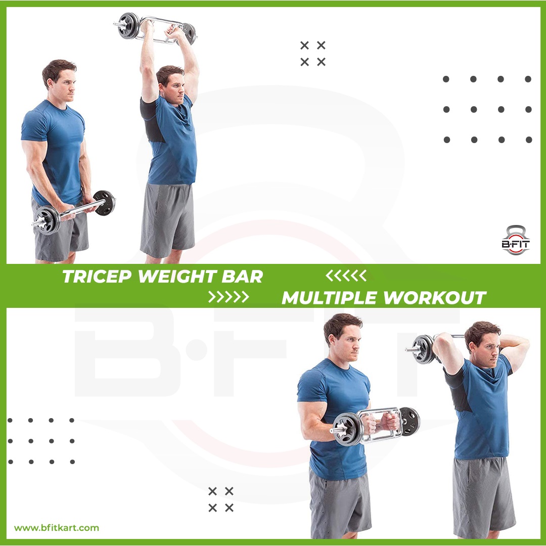 B fit 34 Barbell Triceps Curl Bar Standard Threaded Triceps Bar Non Slip 28 MM With Ring Collars