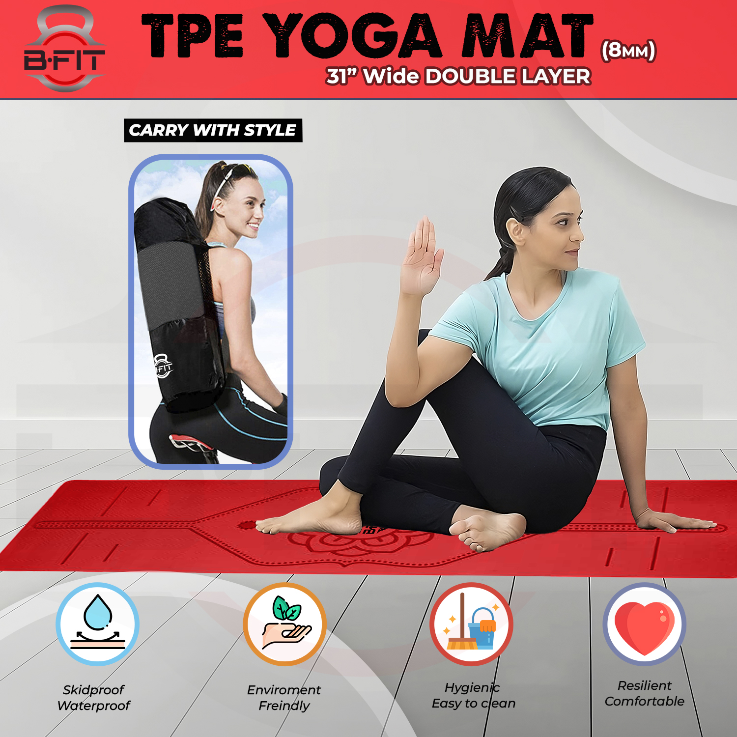 B Fit Extra Wide 31x72 Inch 8 MM Thick Premium TPE Yoga Mat with Alignment Printed Red Black Color - Classic Pro Yoga Mat Eco Friendly Non Slip Fitness Exercise Mat with Smart Carry Bag-Workout Mat for Yoga Pilates and Floor Exercises