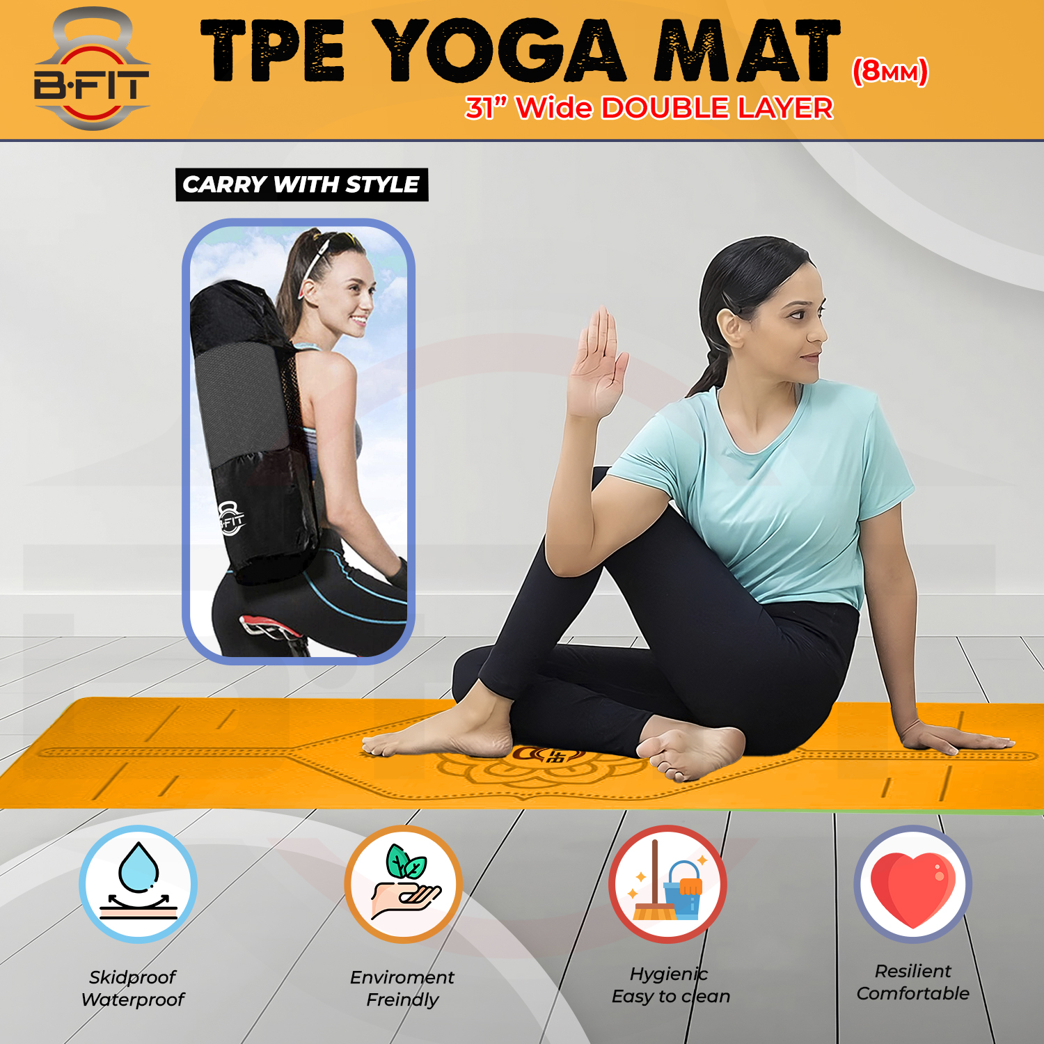B Fit Extra Wide 31x72 Inch 8 MM Thick Premium TPE Yoga Mat with Alignment Printed Orange Black Color - Classic Pro Yoga Mat Eco Friendly Non Slip Fitness Exercise Mat with Smart Carry Bag-Workout Mat for Yoga Pilates and Floor Exercises