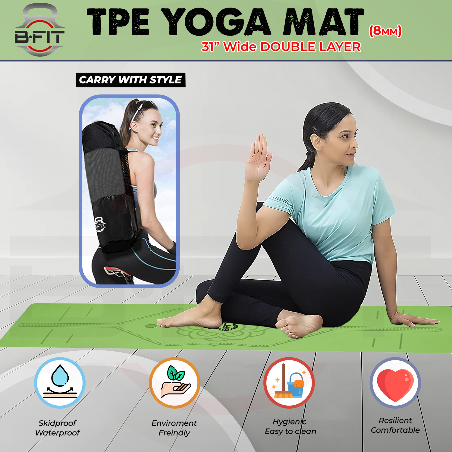 B Fit Extra Wide 31x72 Inch 8 MM Thick Premium TPE Yoga Mat with Alignment Printed Green-Grey Color - Classic Pro Yoga Mat Eco Friendly Non Slip Fitness Exercise Mat with Smart Carry Bag-Workout Mat for Yoga Pilates and Floor Exercises