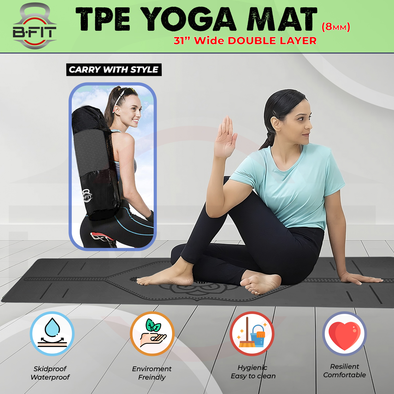 B Fit Extra Wide 31x72 Inch 8 MM Thick Premium TPE Yoga Mat with Alignment Printed Green-Black Color - Classic Pro Yoga Mat Eco Friendly Non Slip Fitness Exercise Mat with Smart Carry Bag-Workout Mat for Yoga Pilates and Floor Exercises
