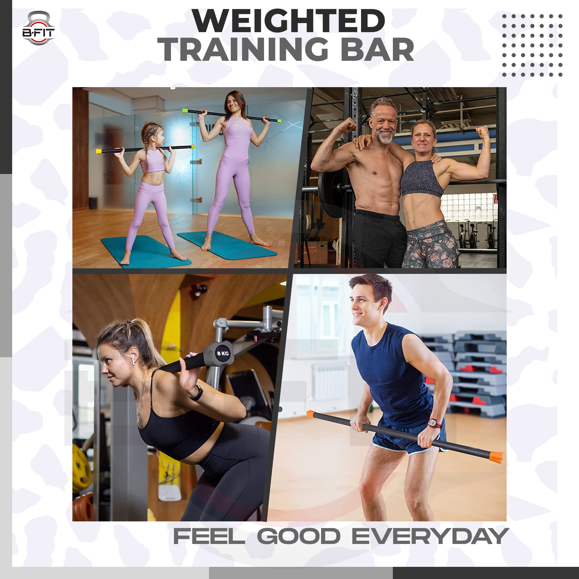 B Fit Weighted Workout Bar 8 Kg - Padded Foam 47 Heavy-Duty Solid Steel Exercise Bar for Physical Therapy Aerobics Yoga Pilates - Premium Equipment