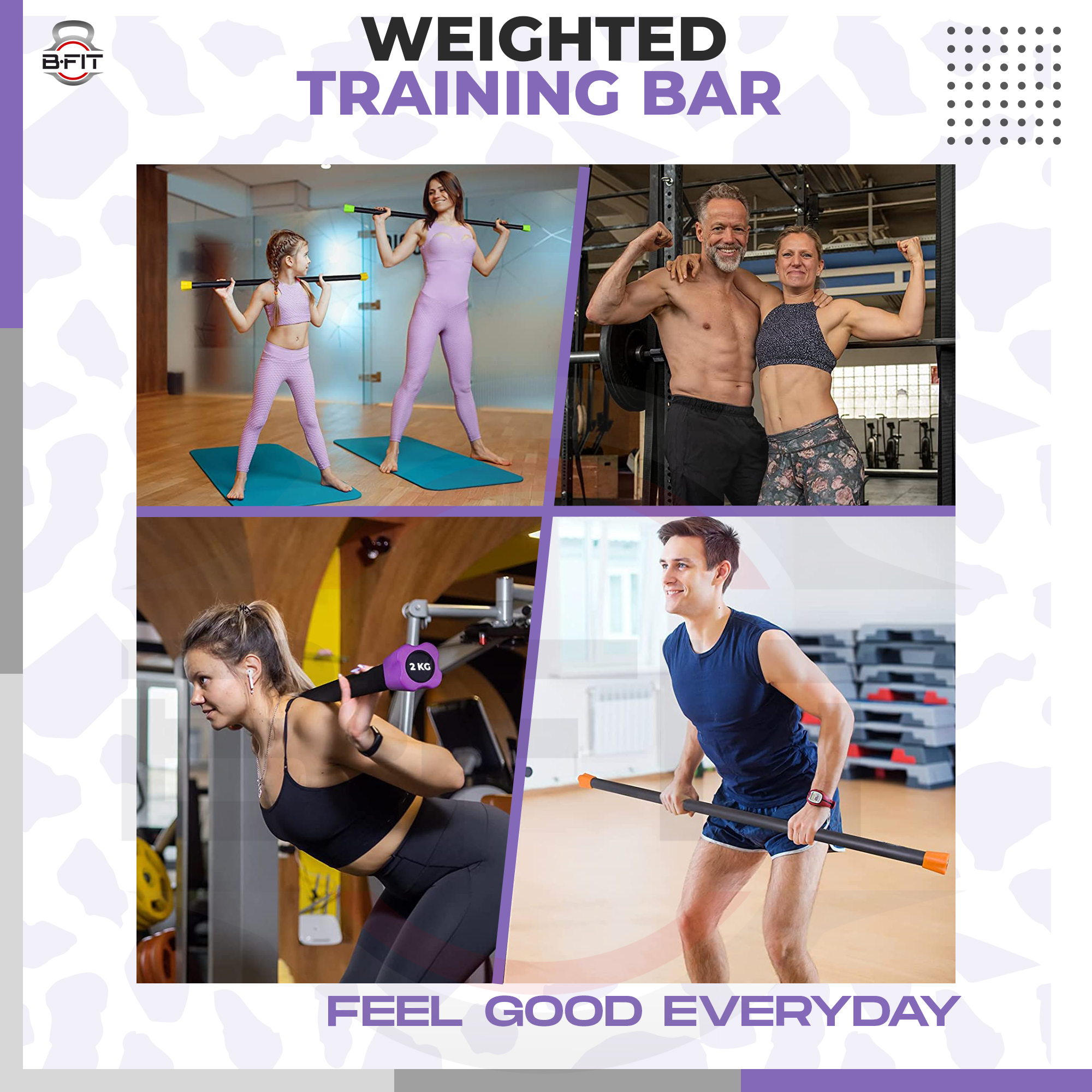 B Fit Weighted Workout Bar 2 Kg - Padded Foam 47 Heavy-Duty Solid Steel Exercise Bar for Physical Therapy Aerobics Yoga Pilates - Premium Equipment